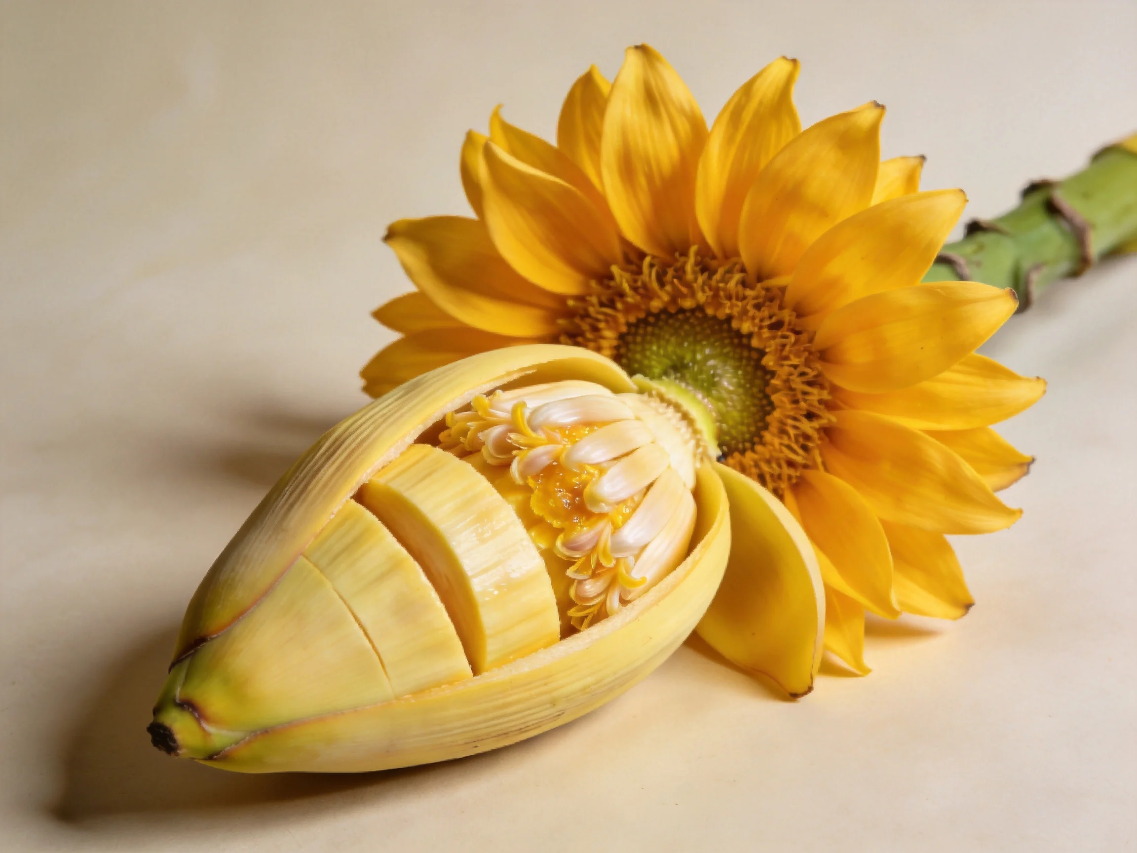 A vibrant yellow sunflower beside an opened banana blossom