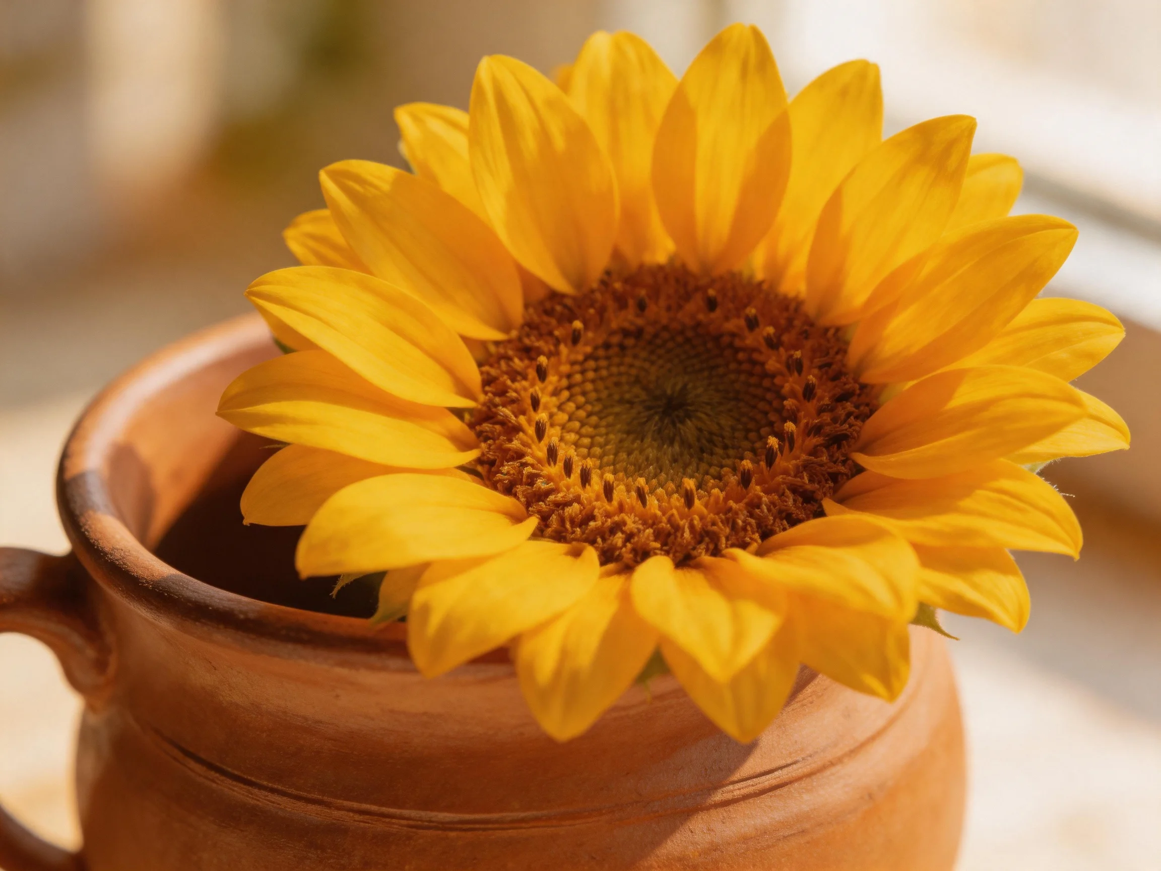 A vibrant yellow sunflower rests in a brown clay pot under soft light