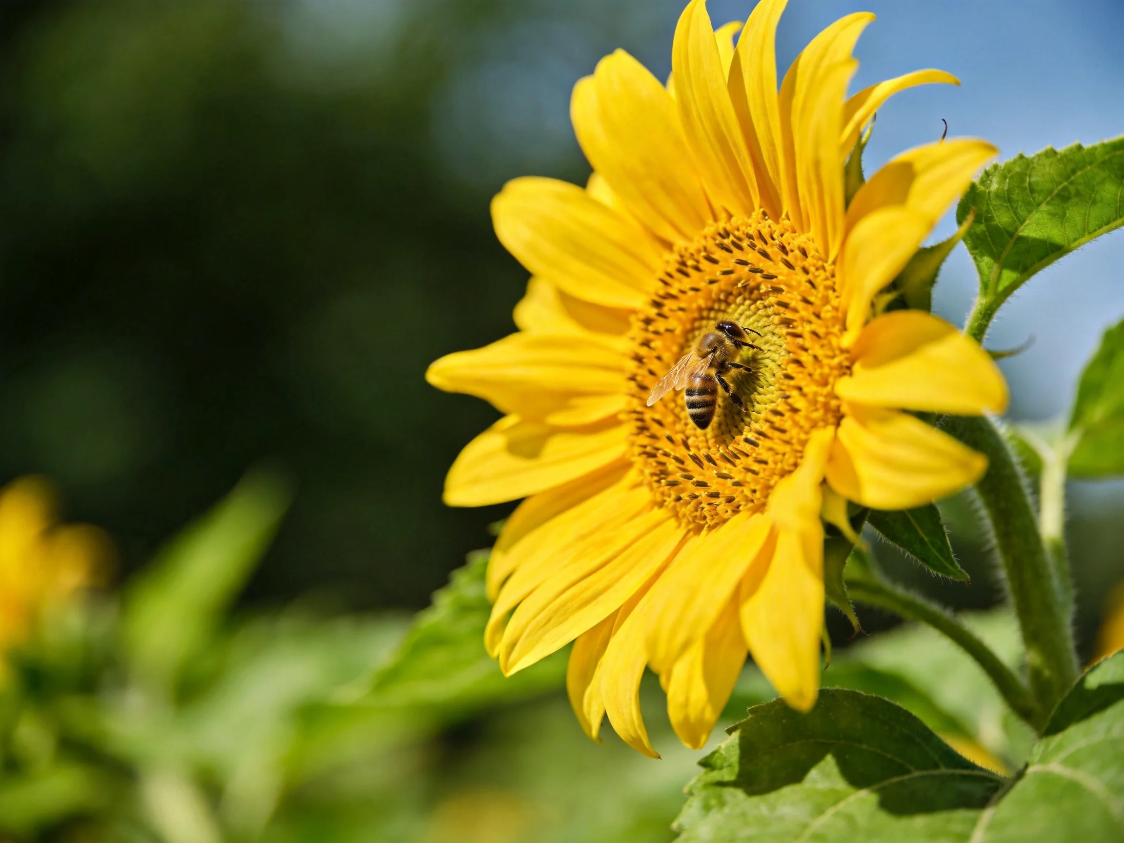 A vibrant yellow sunflower with a honeybee in its center