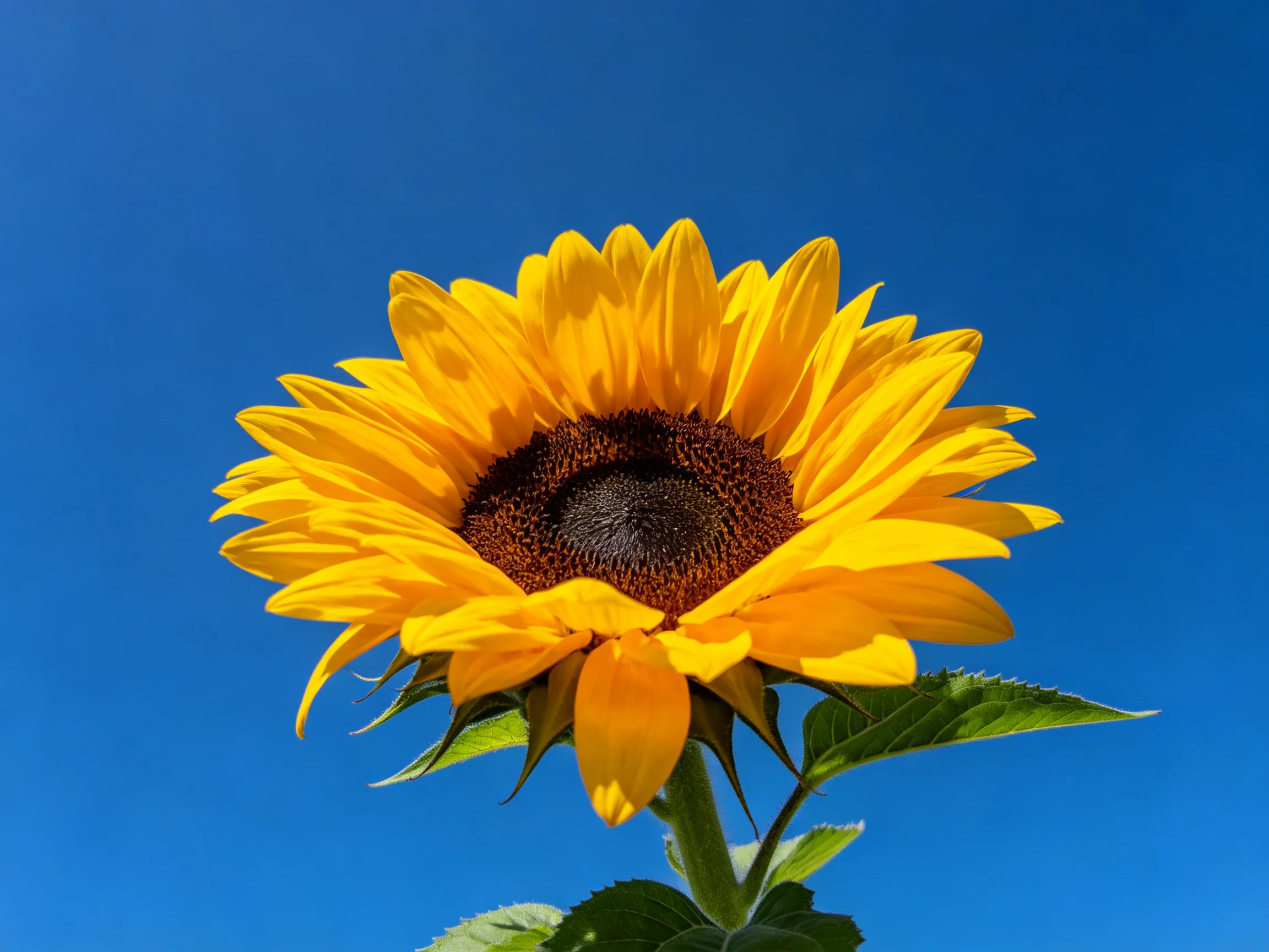 A vibrant yellow sunflower with dark brown center against clear blue sky