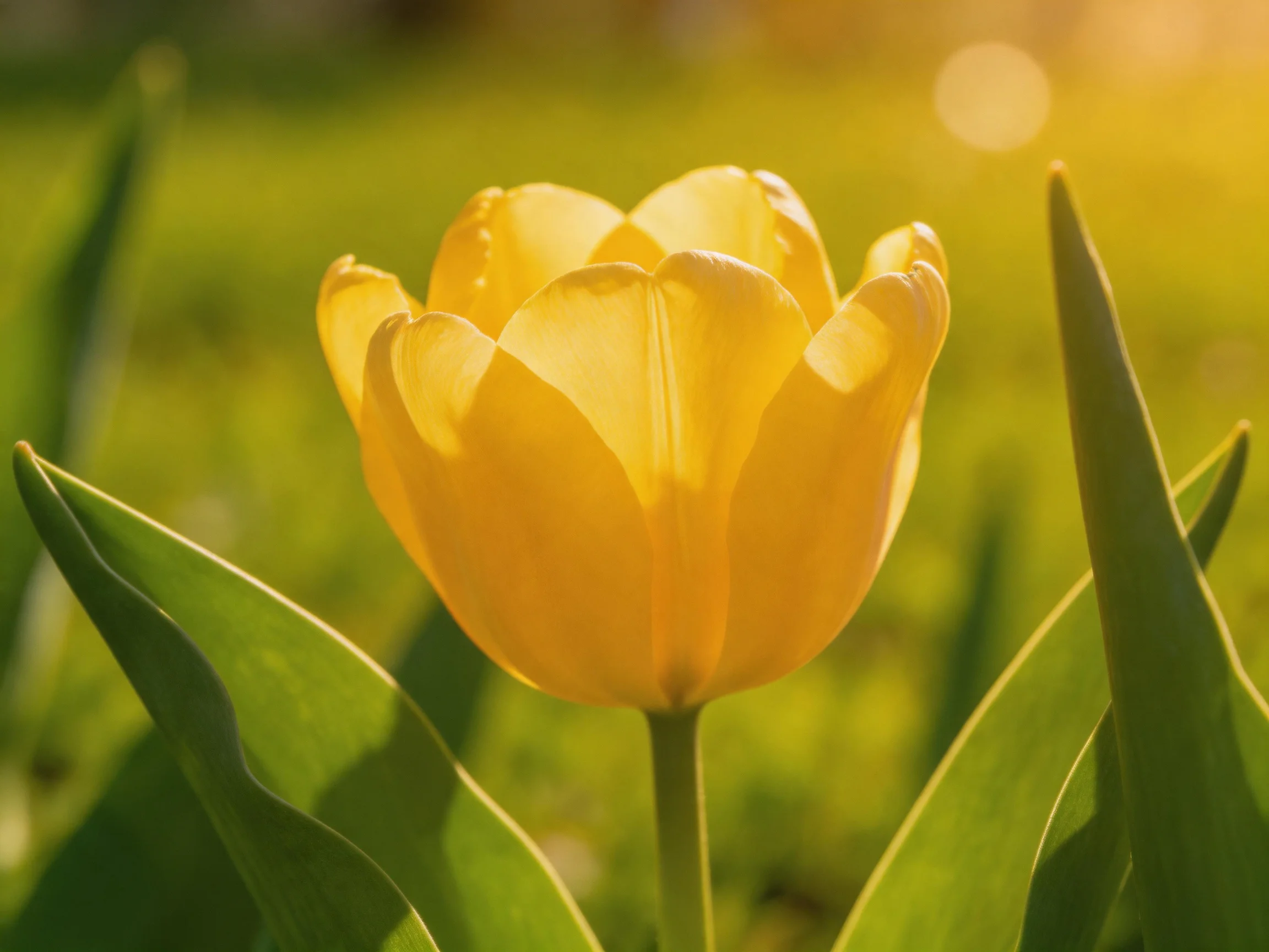 A vibrant yellow tulip blooms among lush green foliage under warm sunlight