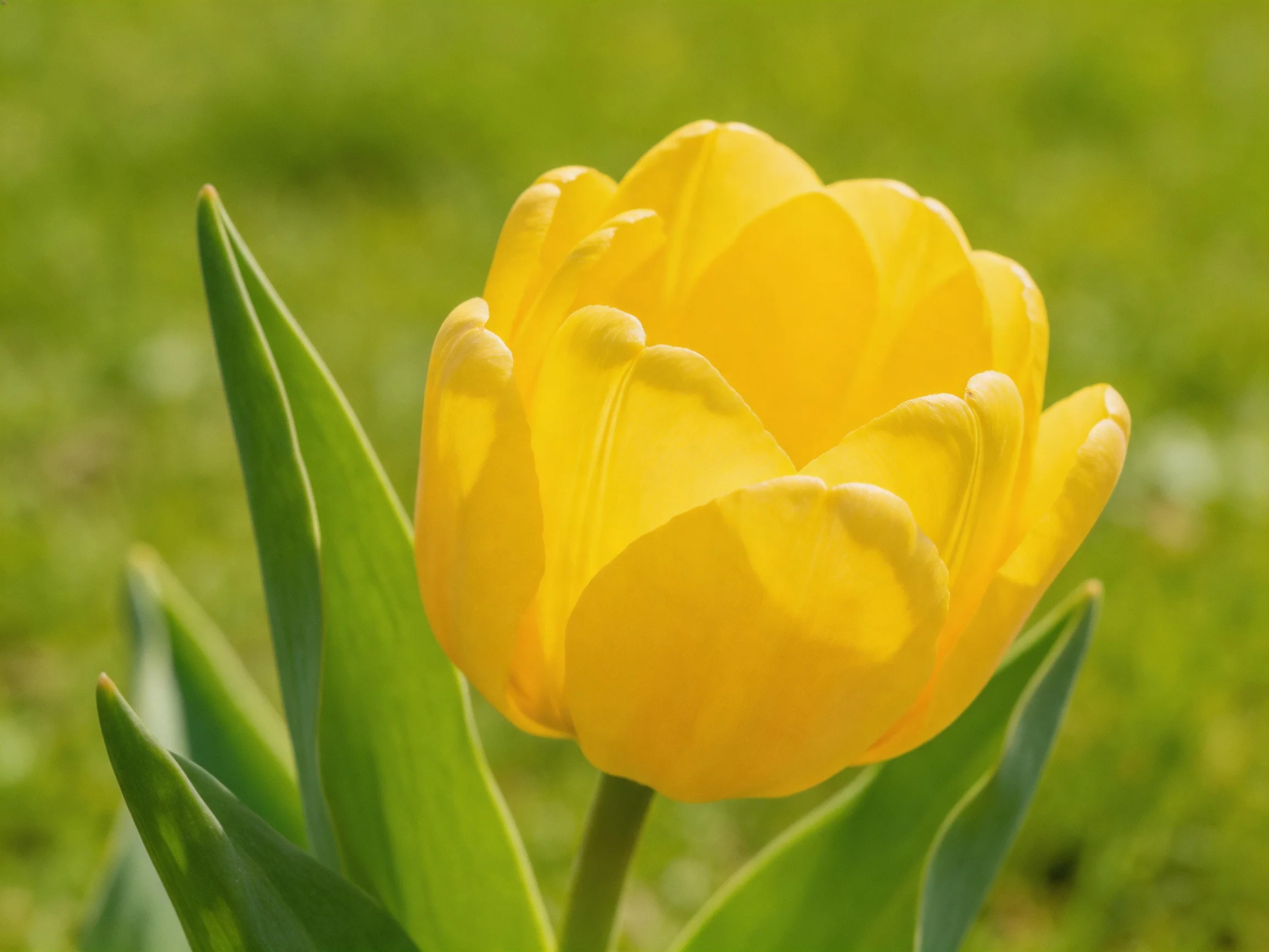 A vibrant yellow tulip with lush green leaves and soft green backdrop