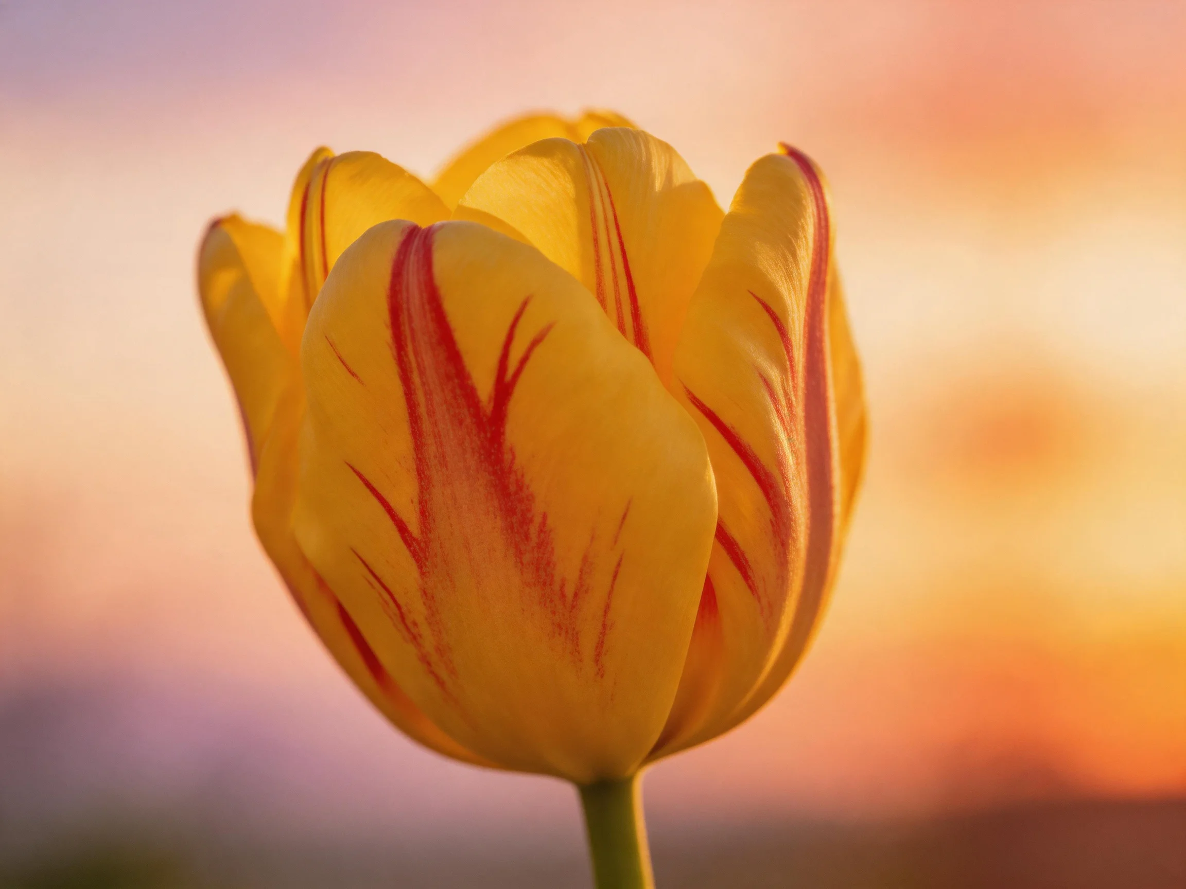 A vibrant yellow tulip with red streaks against a warm sunset