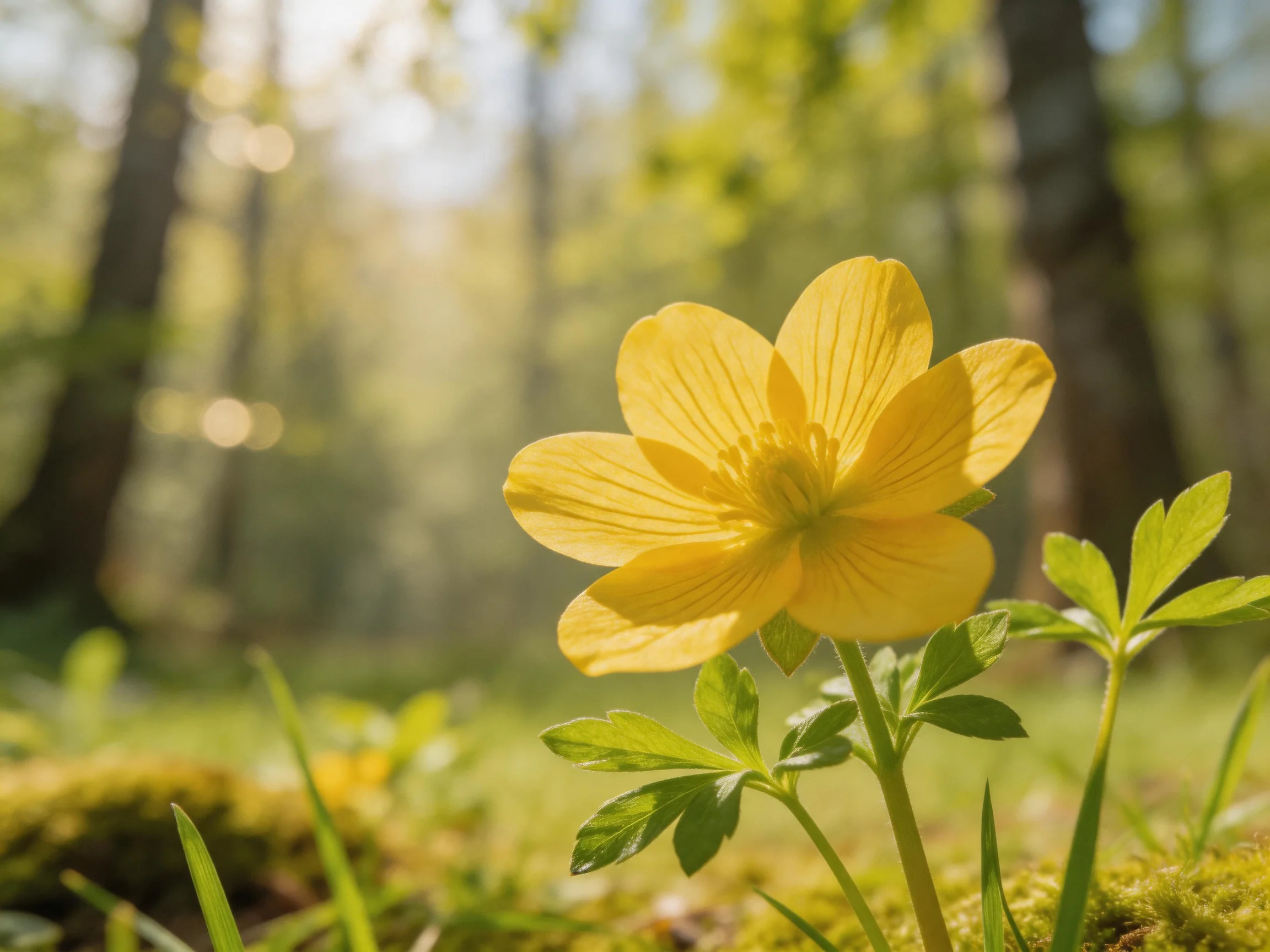 A vibrant yellow wildflower blooms amid mossy forest ground