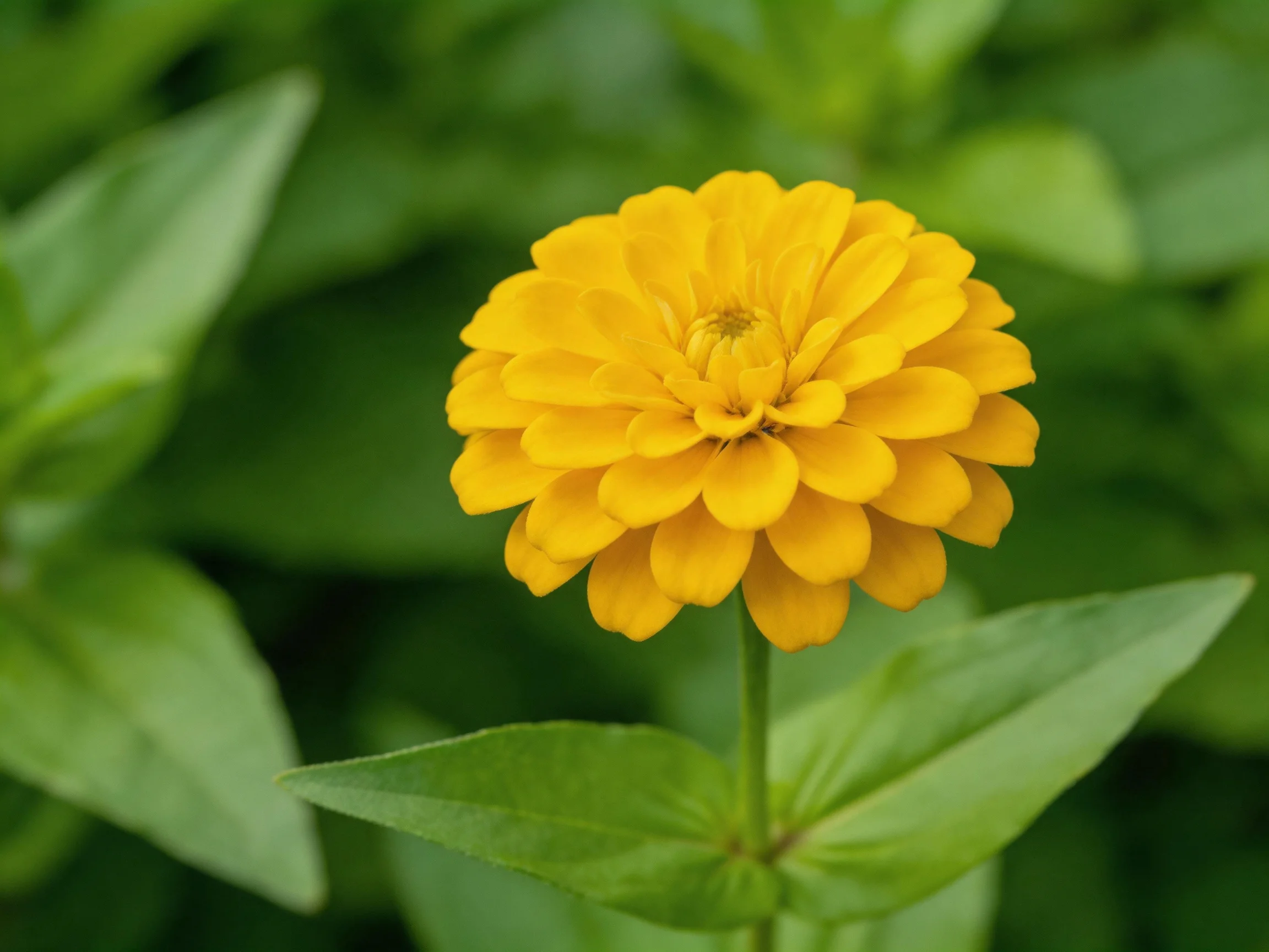 A vibrant yellow zinnia blooms amid lush green foliage