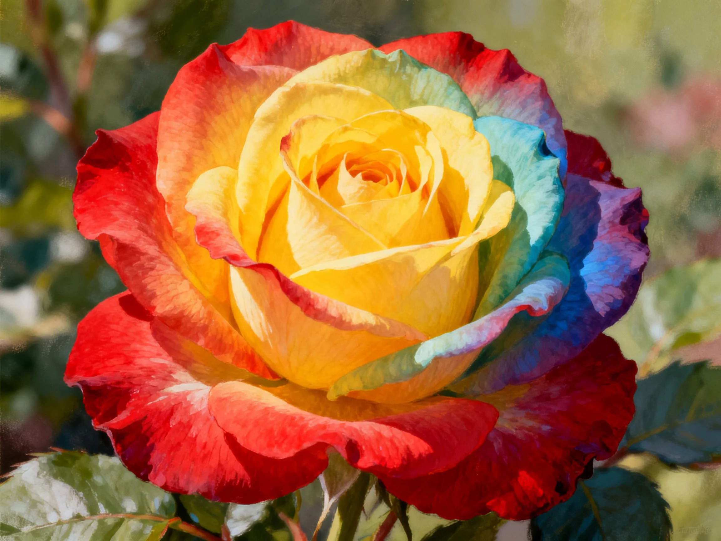 A vibrantly colored rose with red, yellow, and blue petals