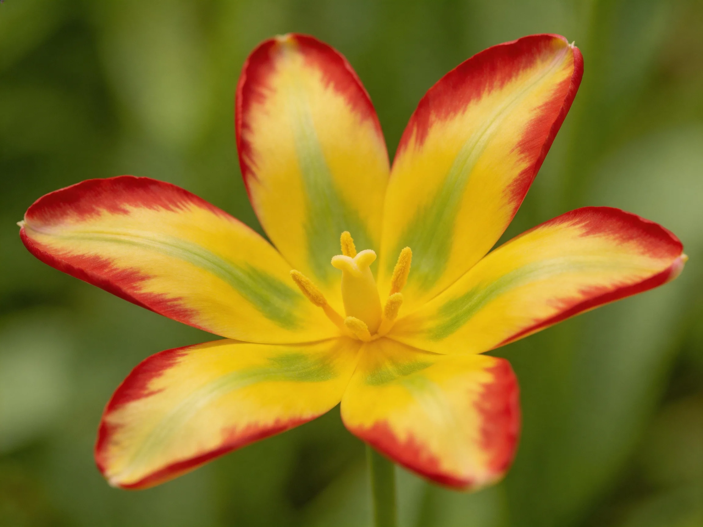 A vibrantly colored tulip with red, yellow, and green petals
