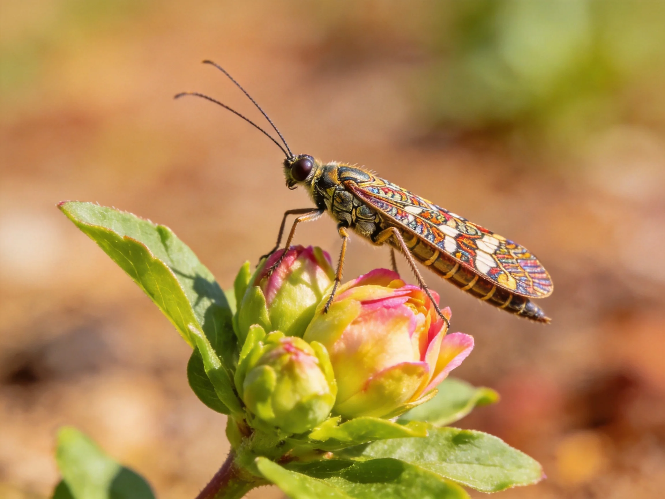 A vibrantly patterned insect perched on pink-yellow flower buds