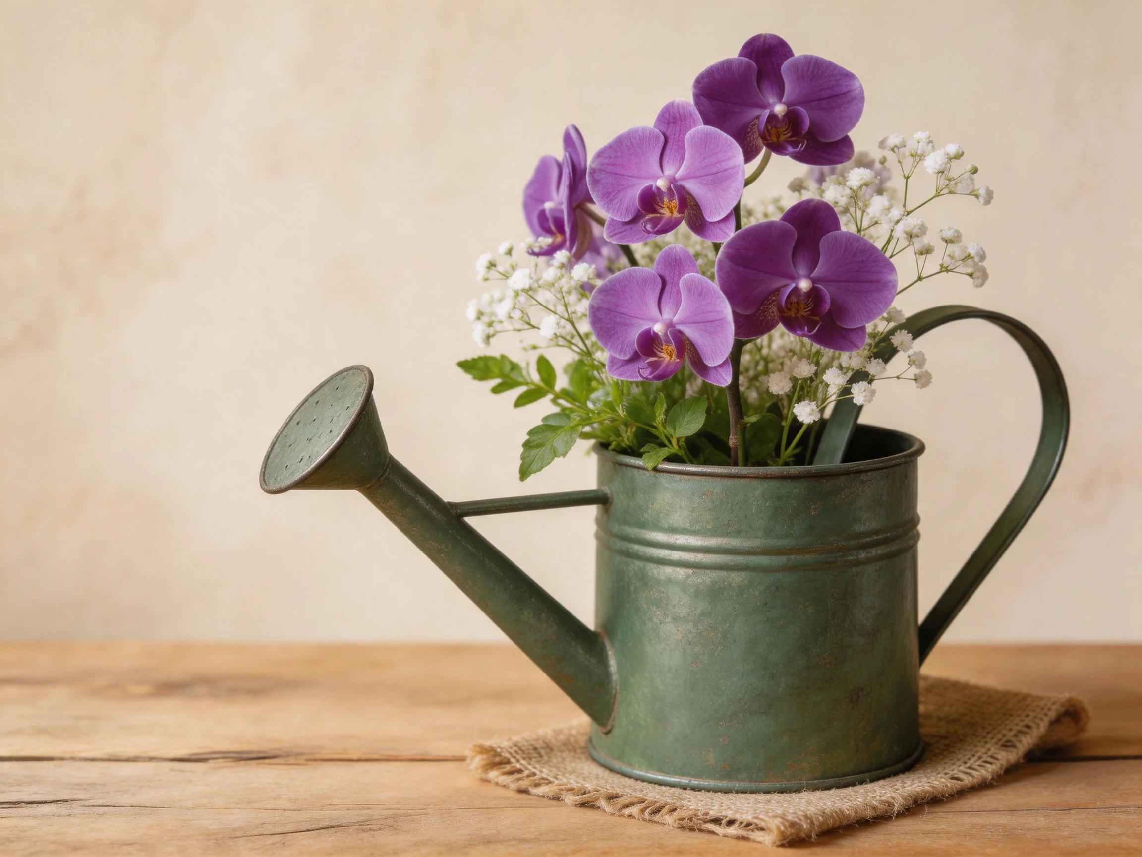 A vintage green watering can holds vibrant purple orchids and white flowers