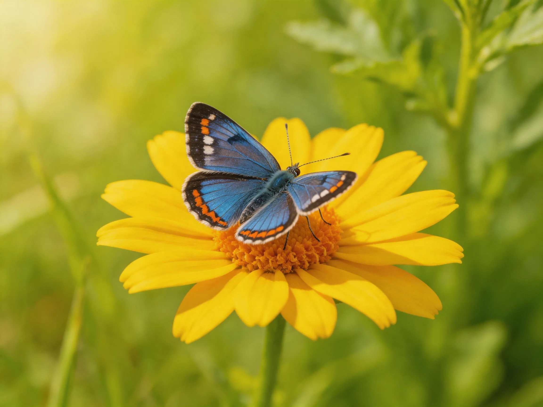 A vivid blue butterfly perches on a bright yellow flower