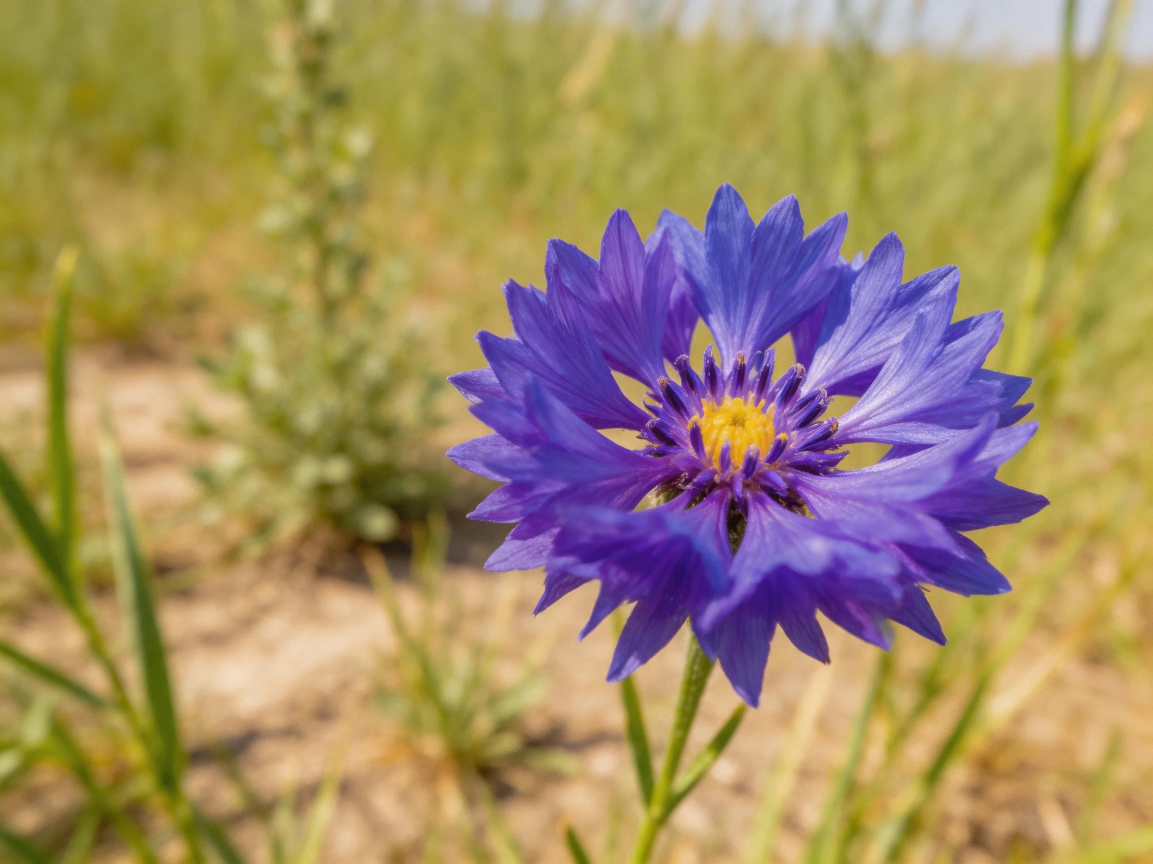 A vivid blue cornflower blooms in a dry grassy landscape