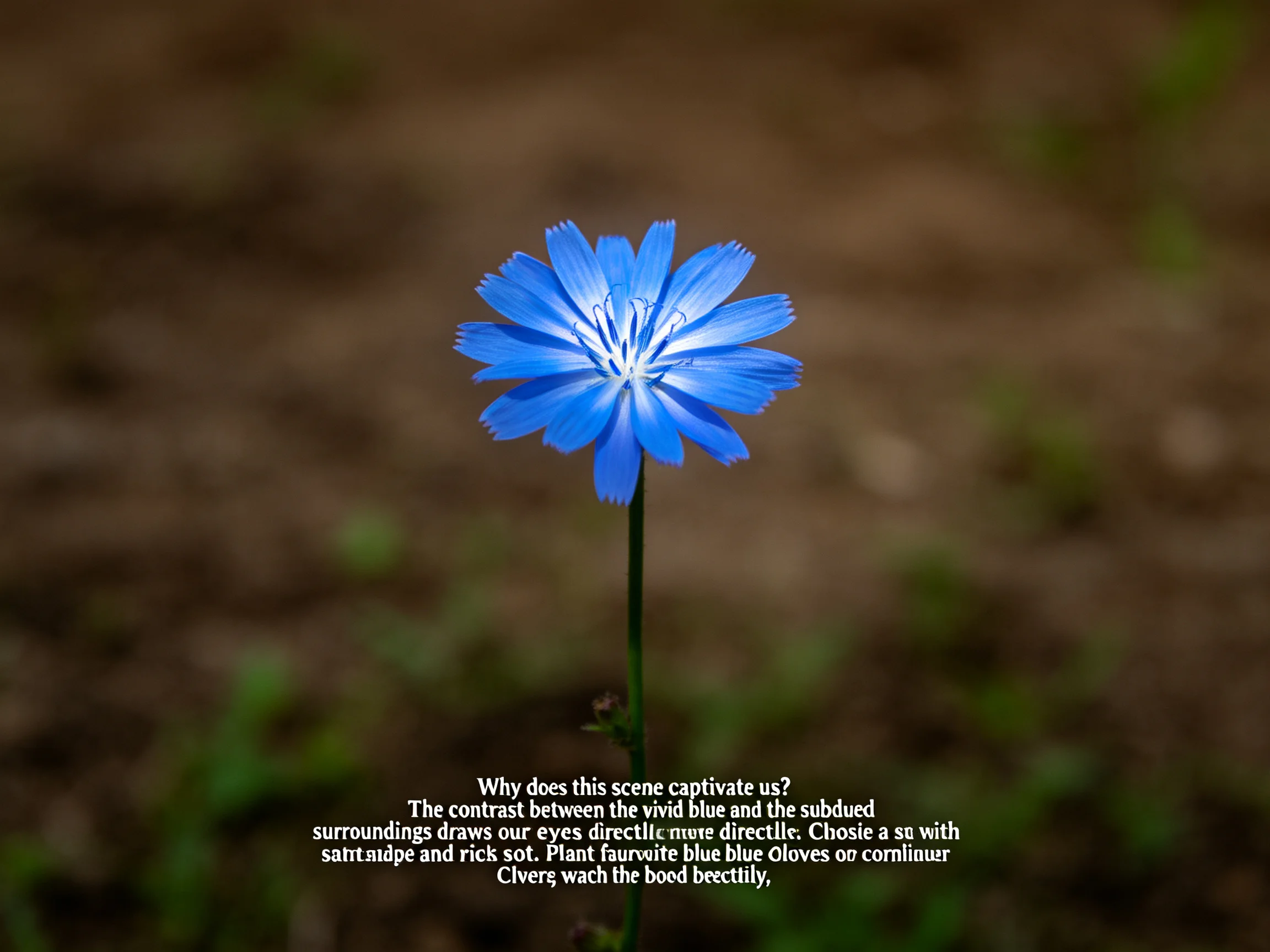 A vivid blue flower stands out against muted earthy surroundings