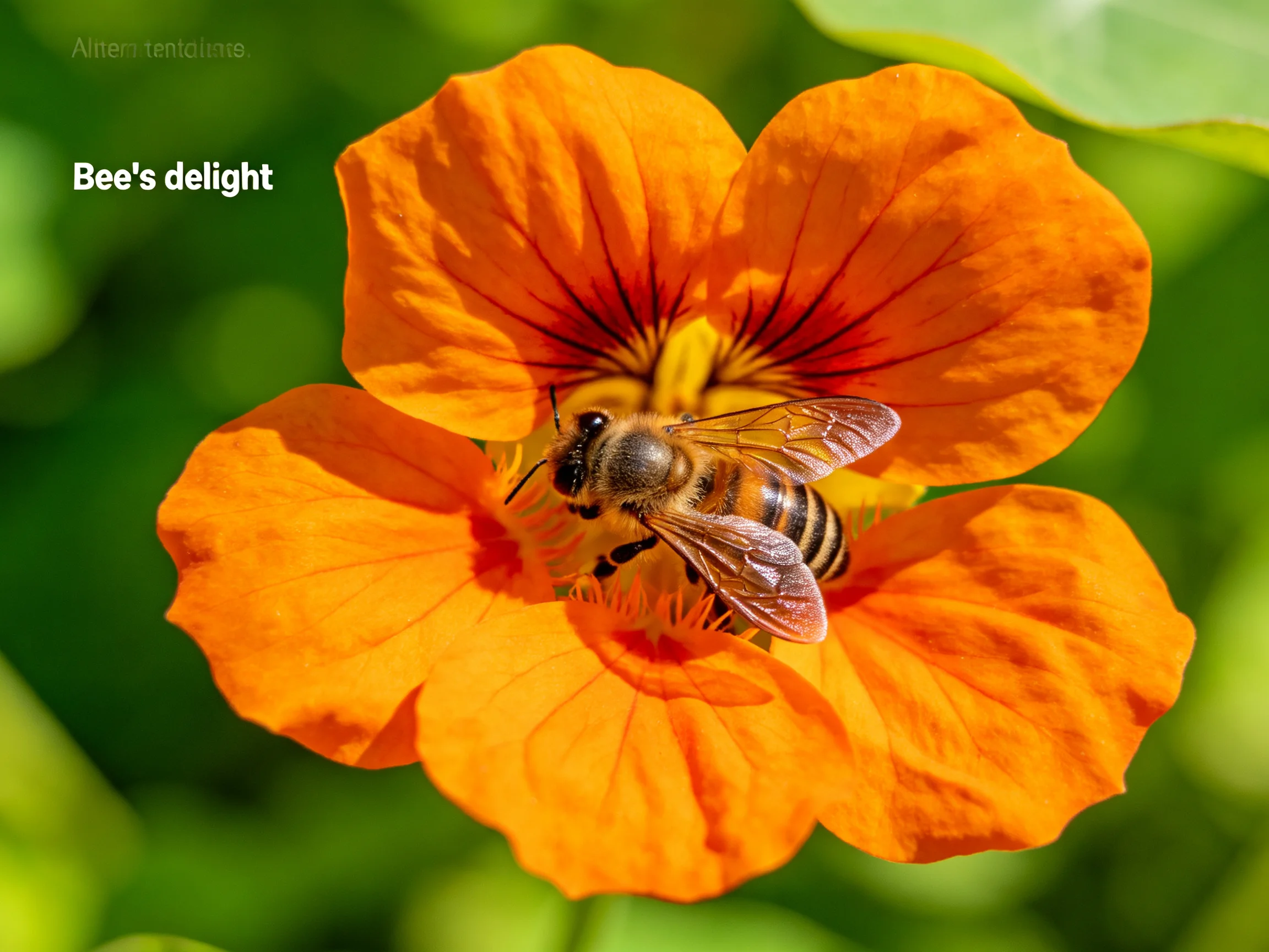 A vivid orange flower with a honeybee gathering nectar
