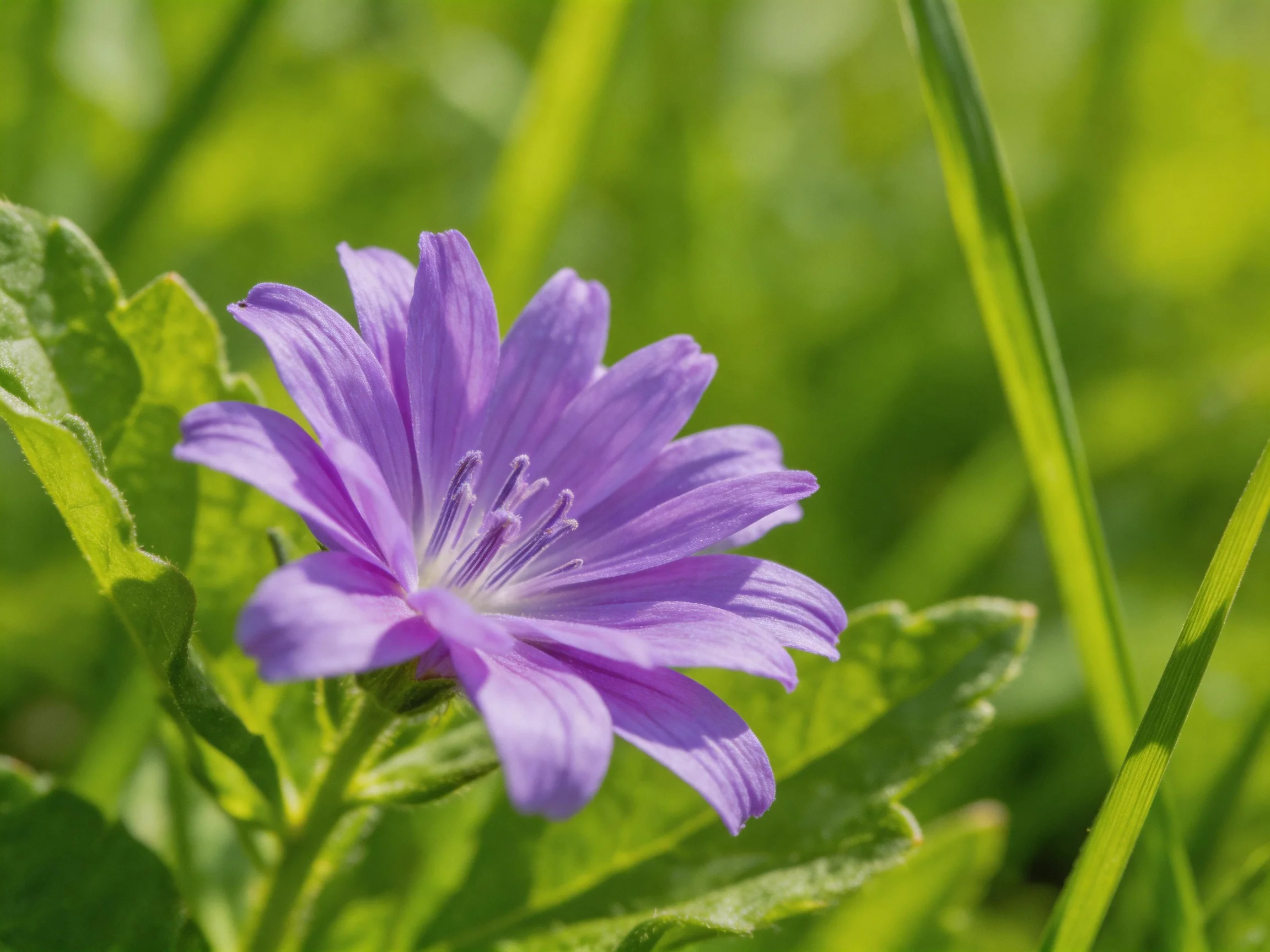 A vivid purple flower blooms among lush green foliage