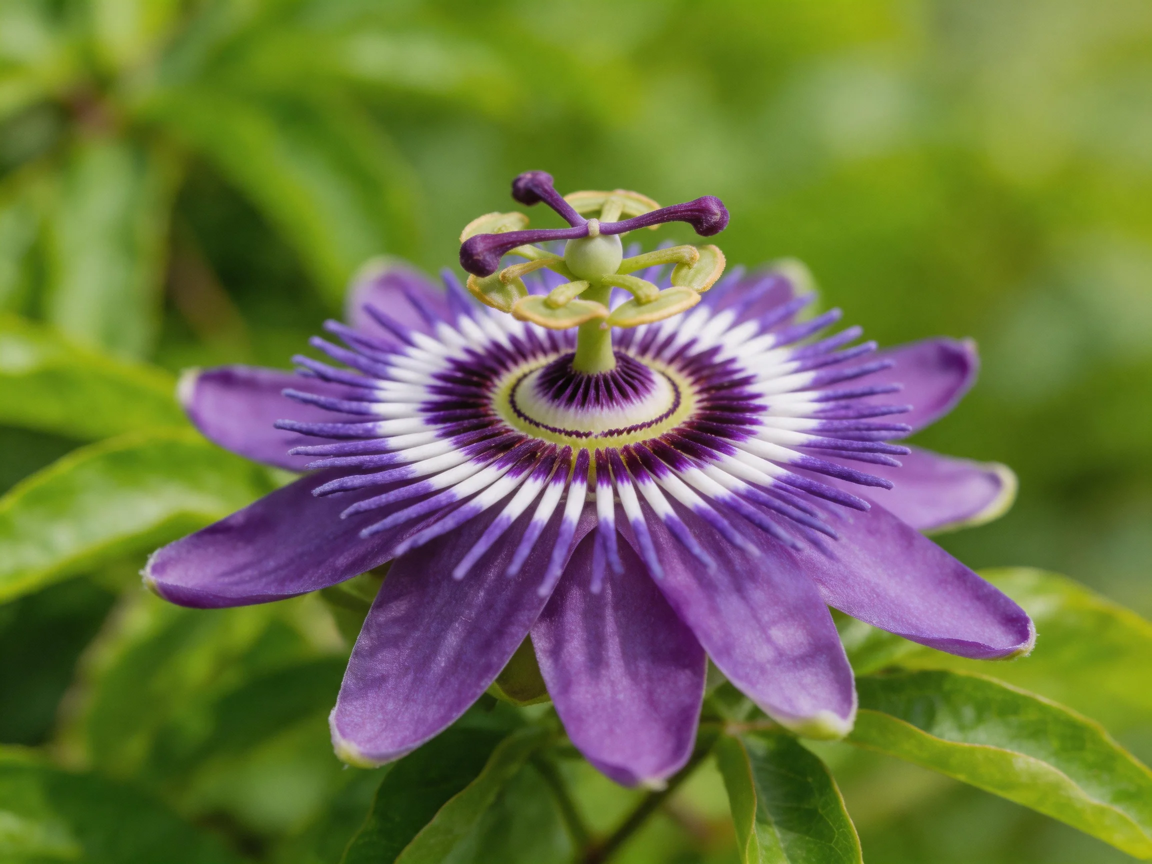 A vivid purple passionflower with intricate center details
