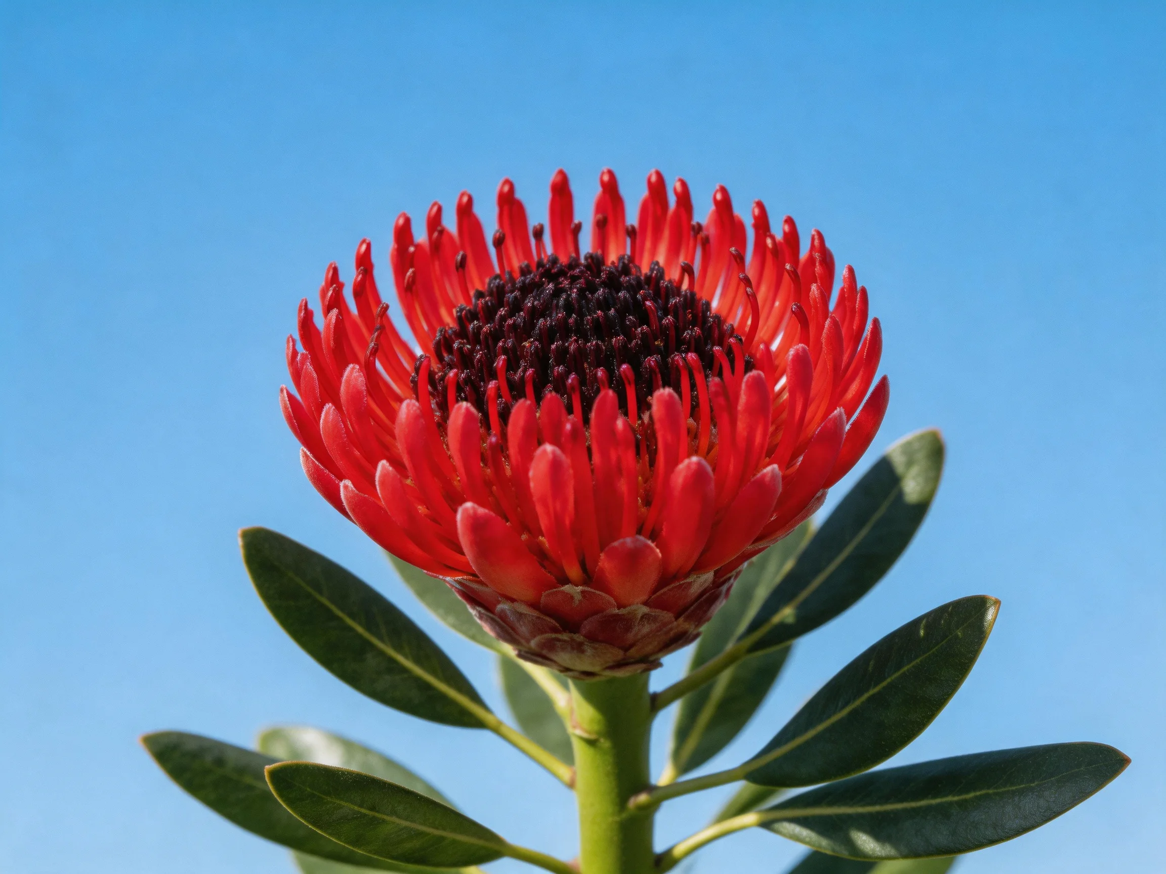 A vivid red flower with dark center and green leaves under blue sky