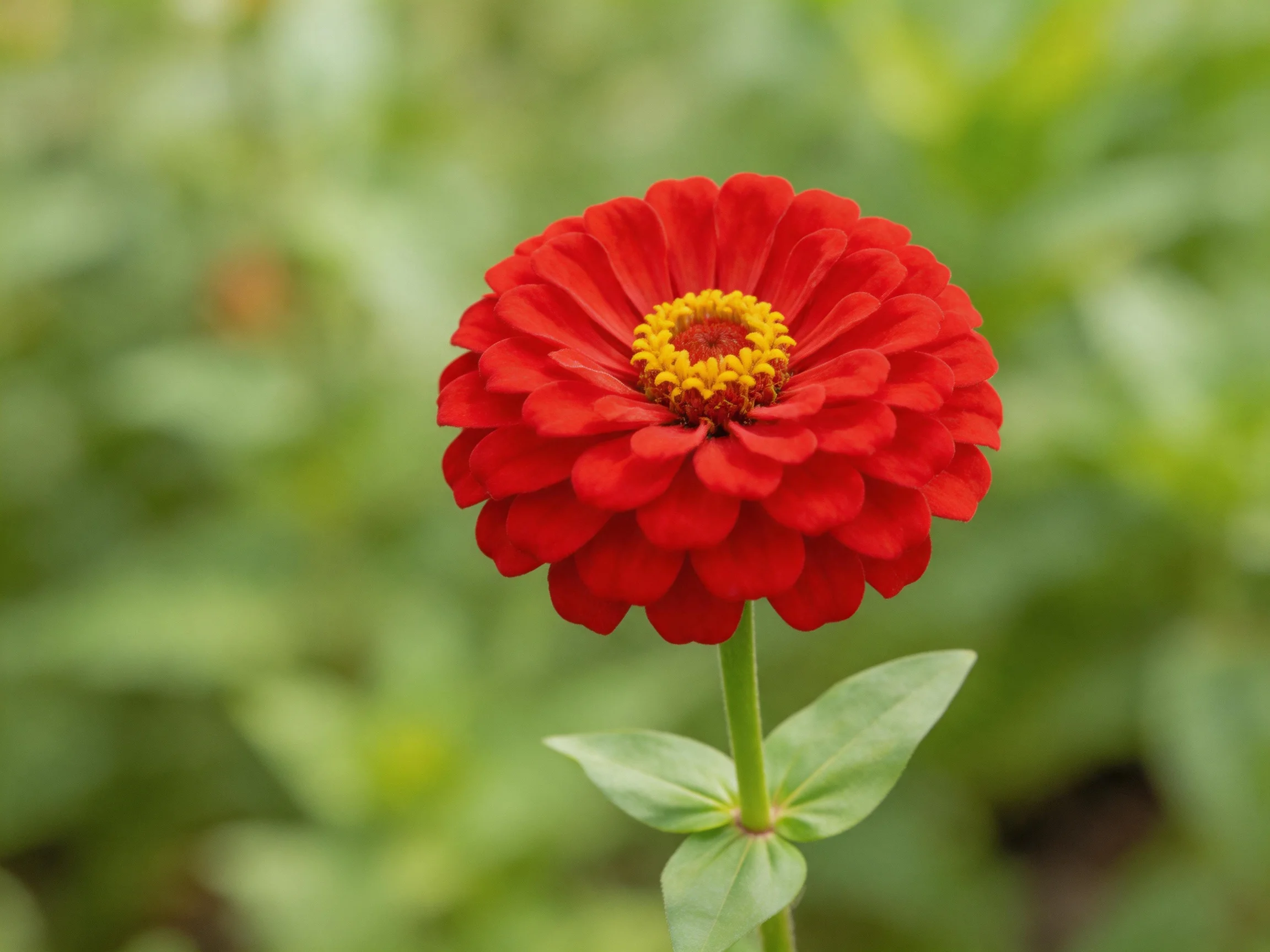 A vivid red zinnia with a golden-yellow center amidst soft green foliage