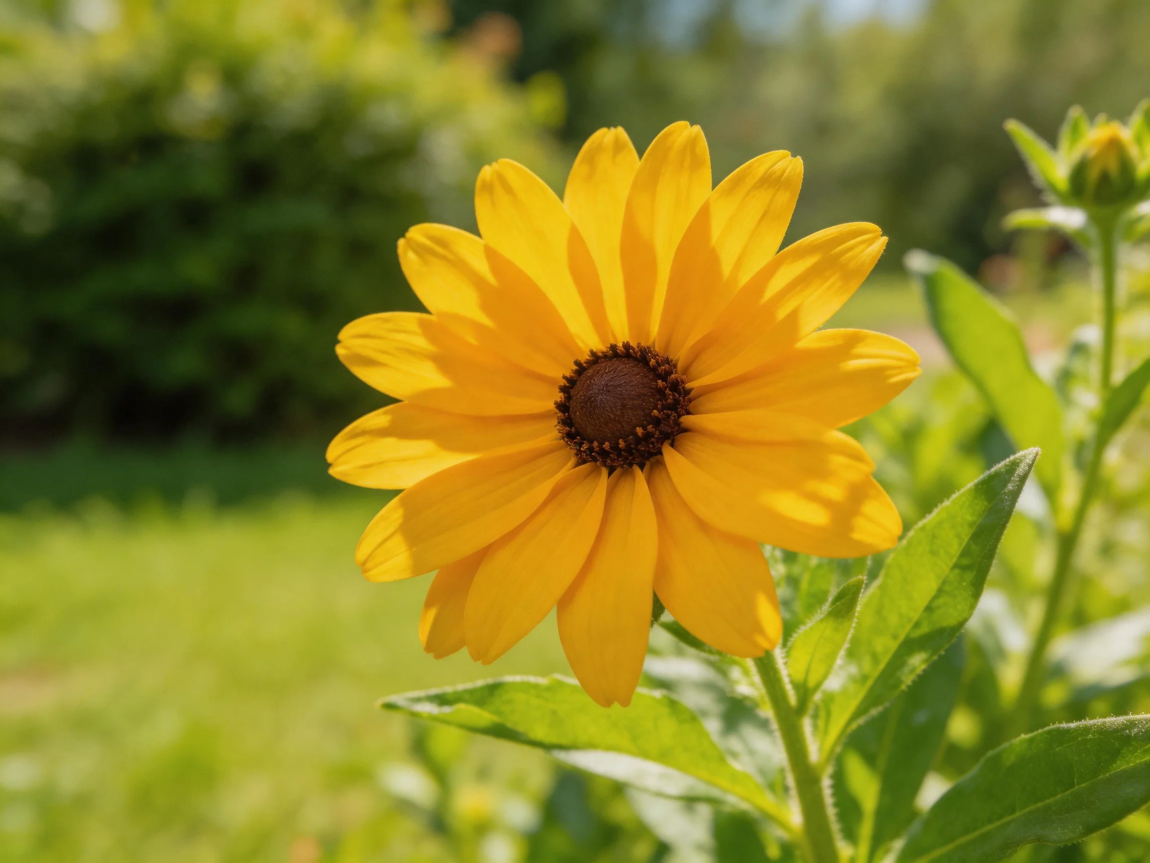 A vivid yellow flower with a dark center amid green foliage