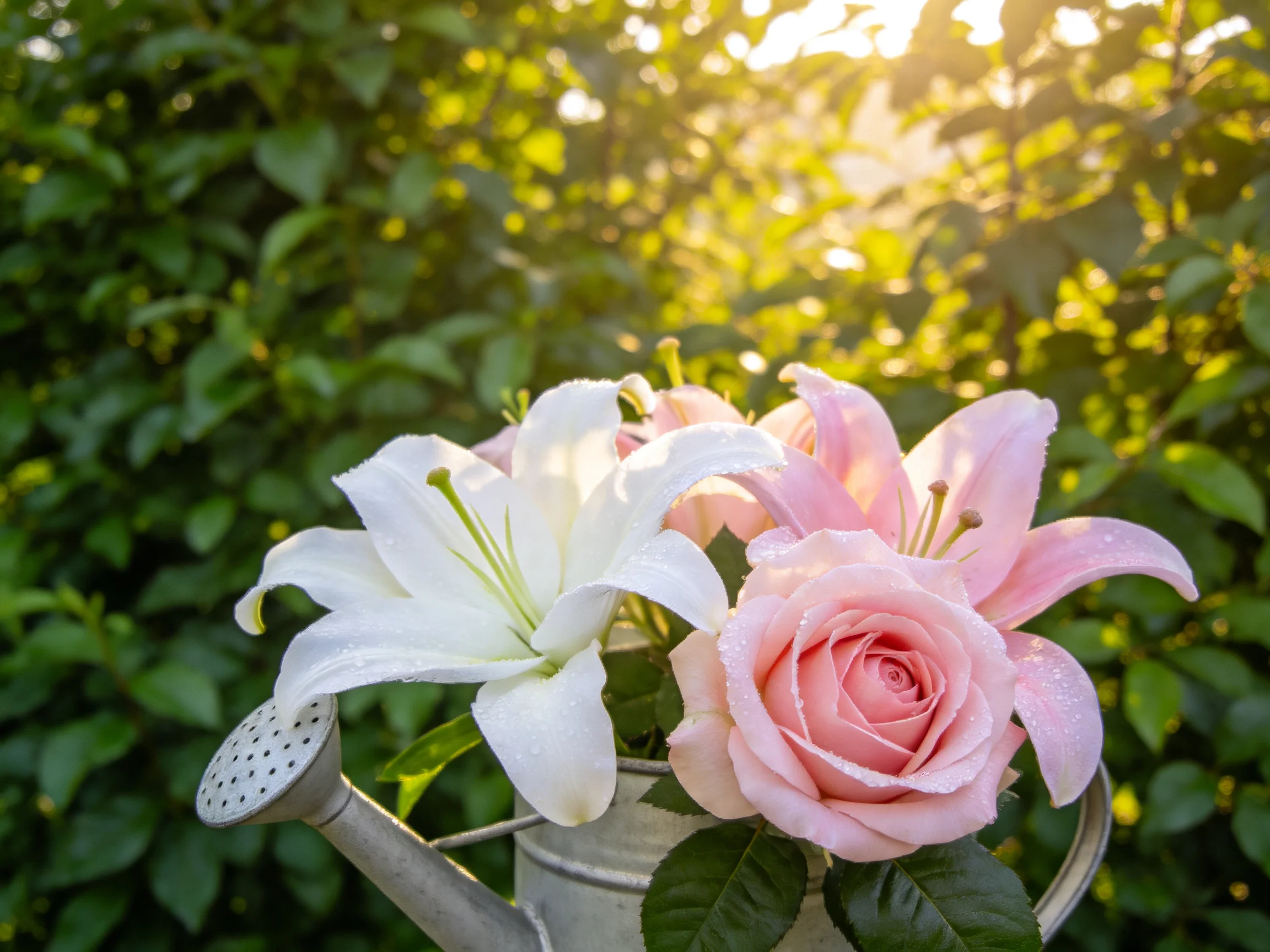 A watering can holds pink roses, white lilies amid lush green foliage