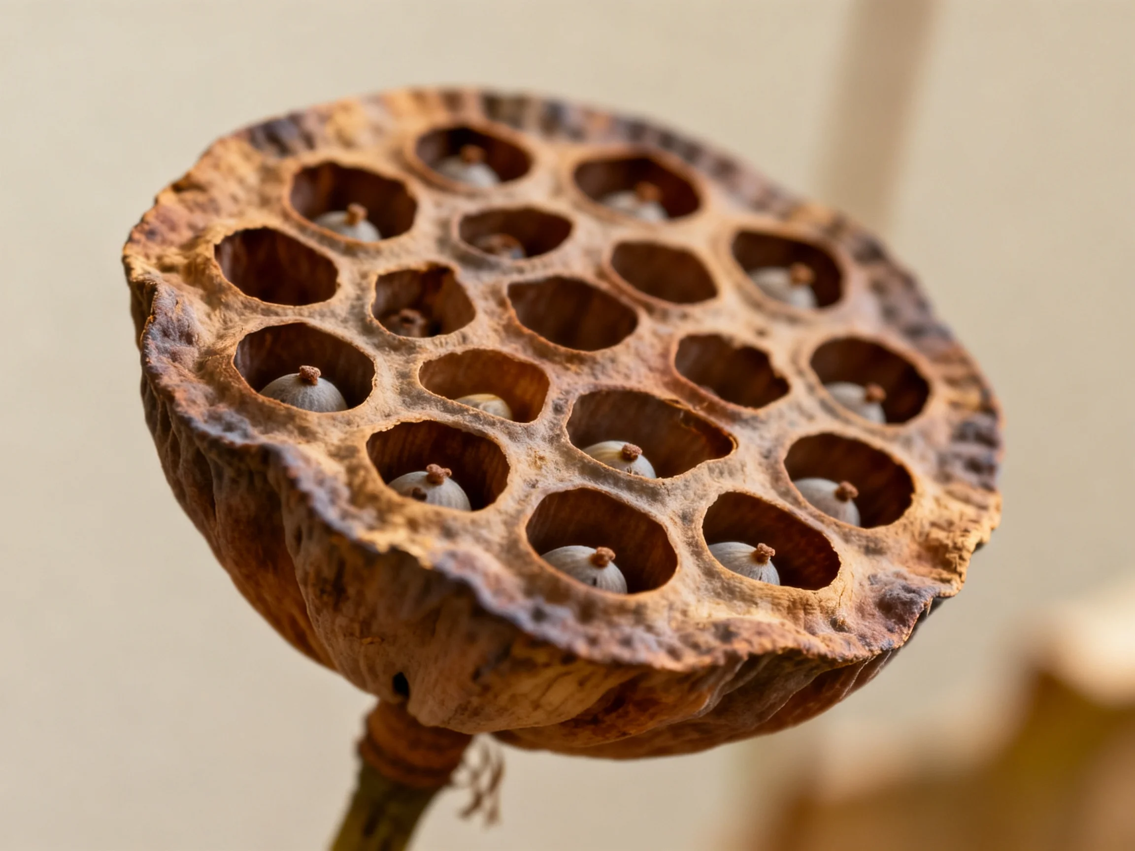 A weathered brown lotus pod with circular cavities