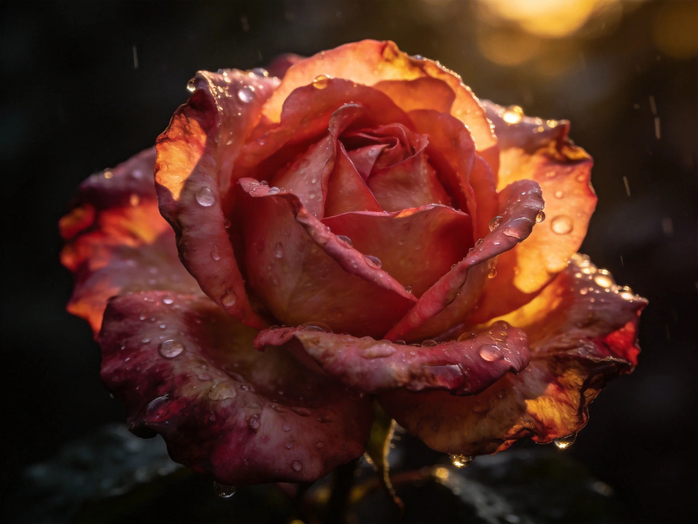 A weathered rose with pink-orange petals and glistening dewdrops