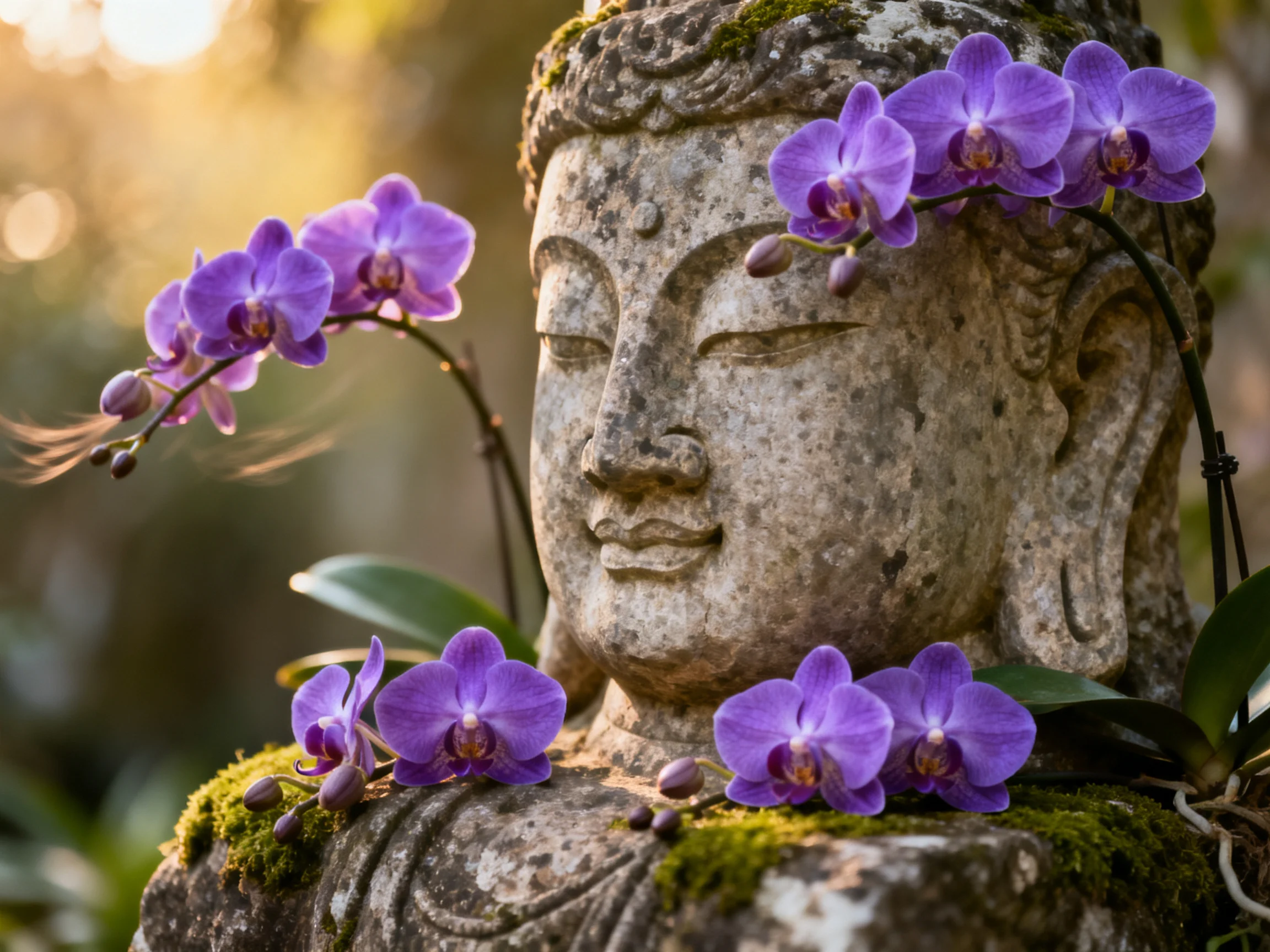 A weathered stone Buddha adorned with vibrant purple orchids and moss