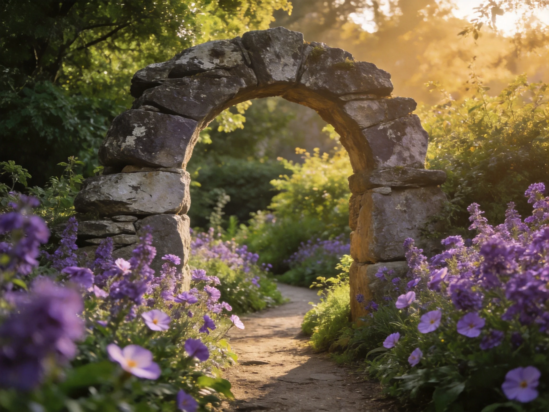 A weathered stone arch frames blooming purple flower beds near a sunlit garden path.