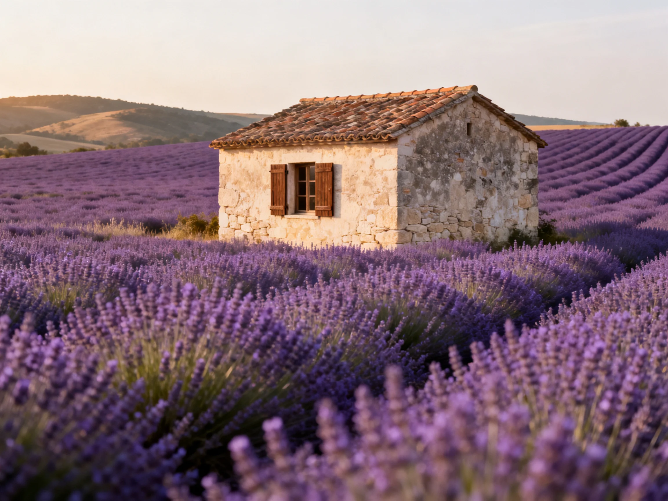 A weathered stone cottage amid sprawling purple lavender fields