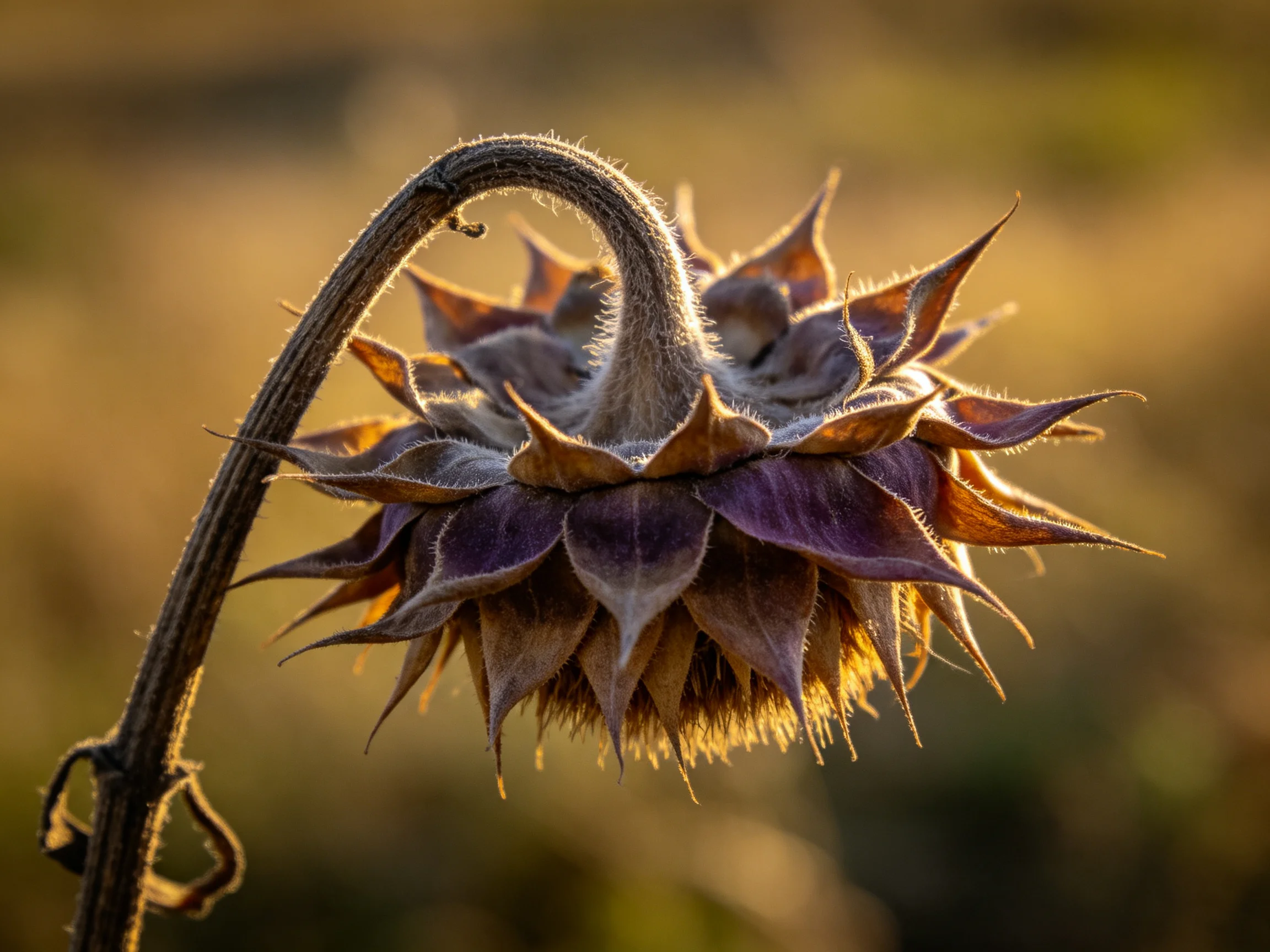 A weathered sunflower head with purple and brown petals under golden light