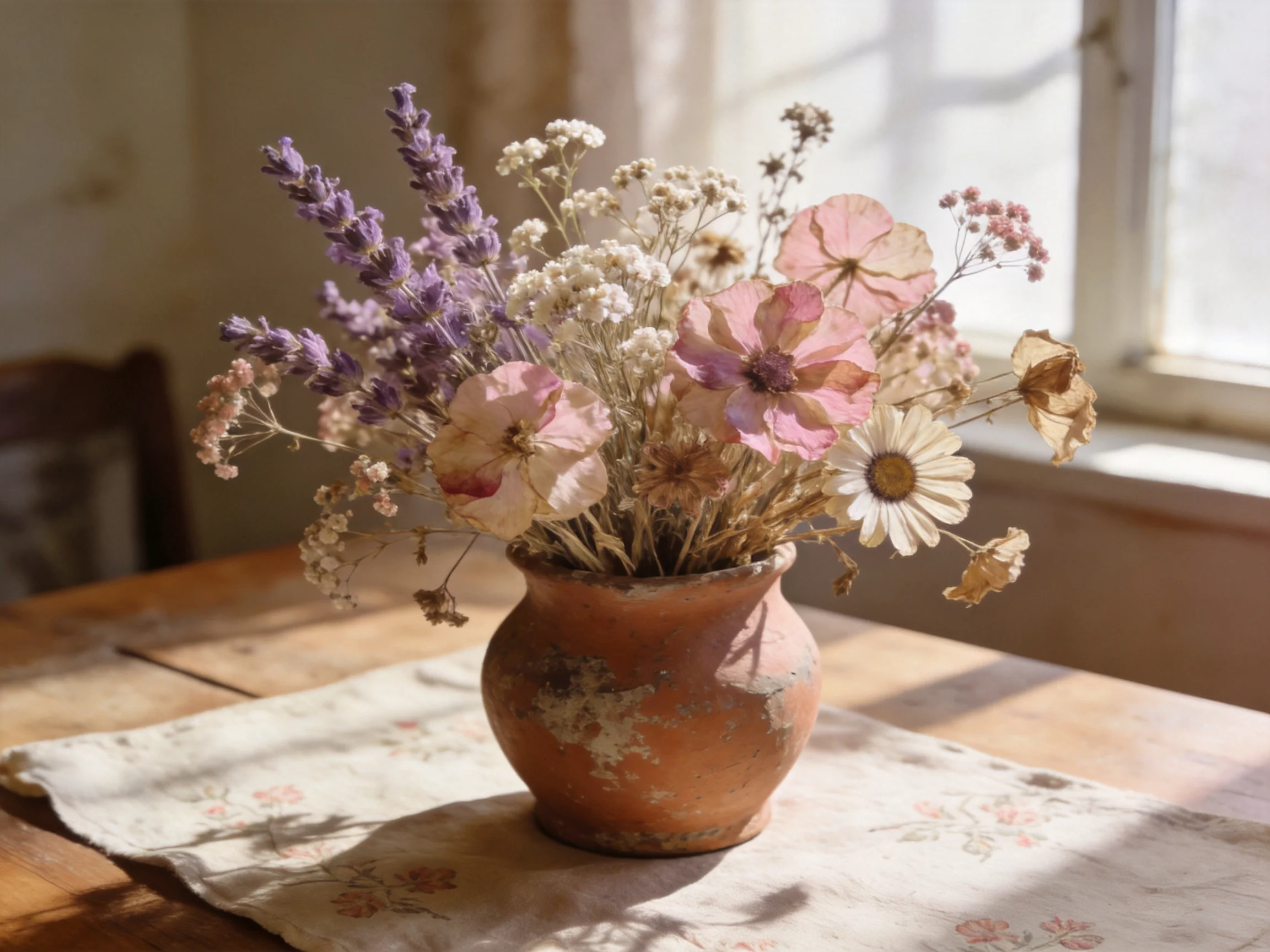 A weathered terracotta vase holds mixed dried flowers by sunlit windowsill