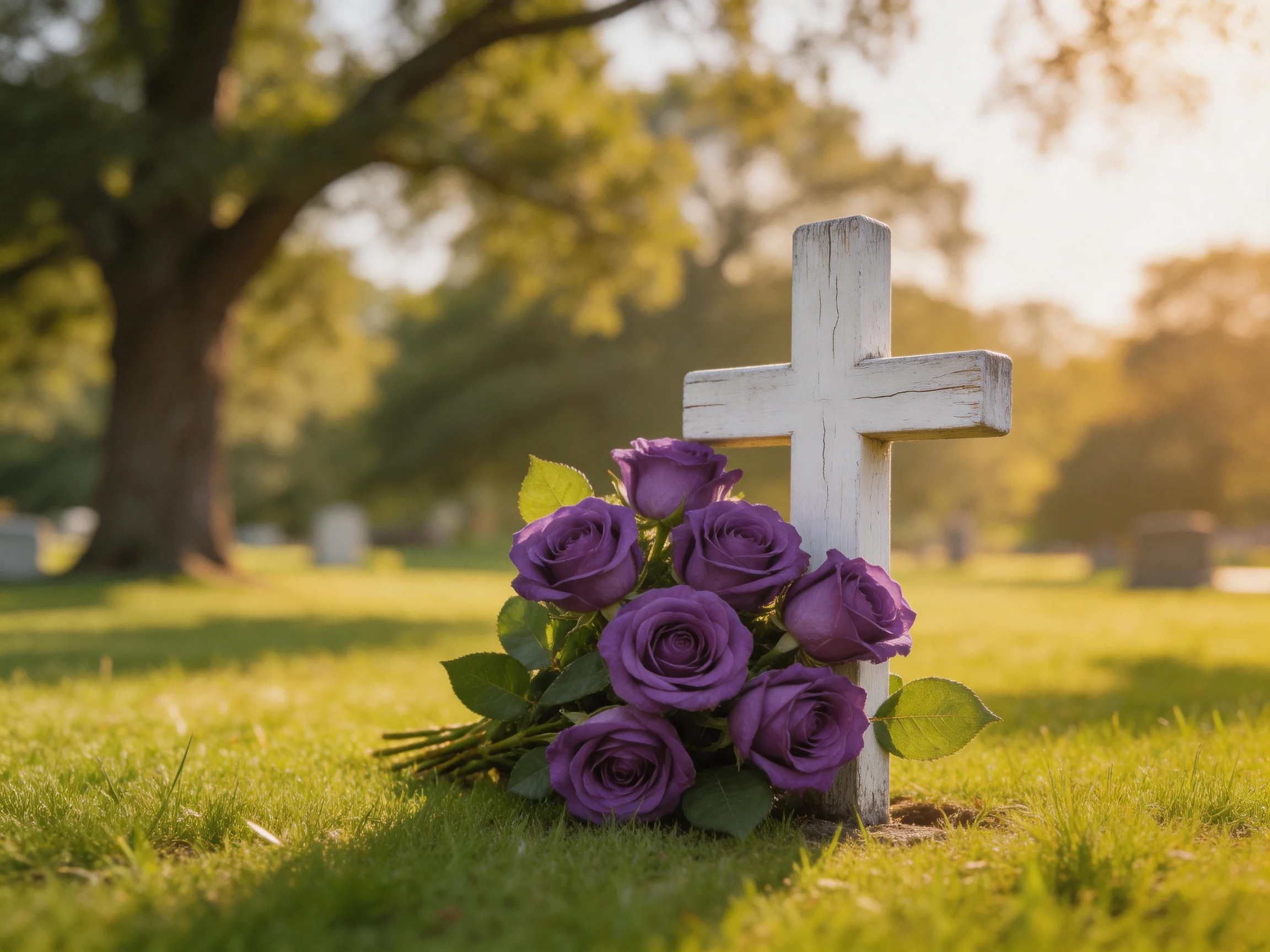 A weathered white cross with vibrant purple roses in a sunlit cemetery