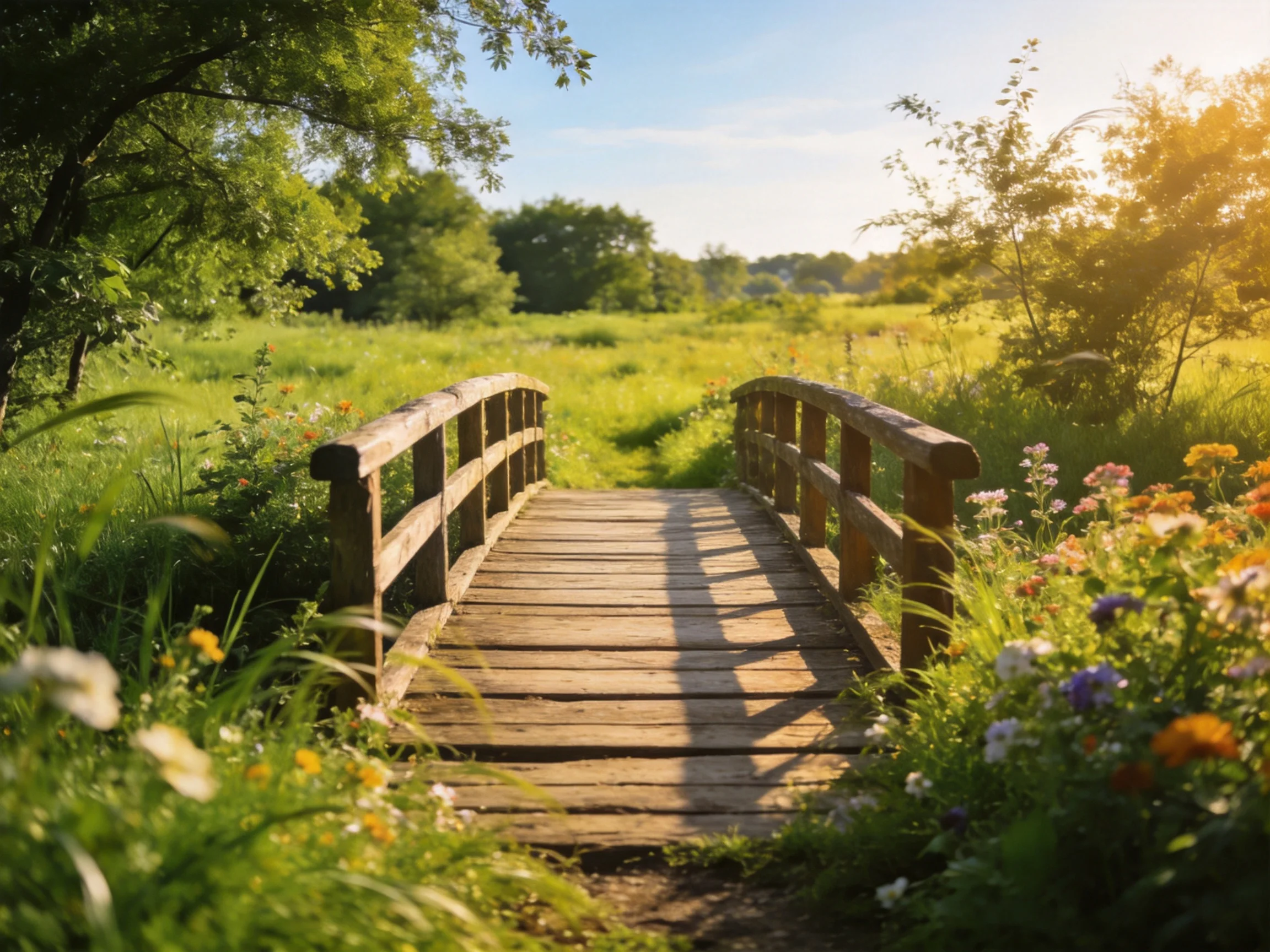A weathered wooden bridge spans a vibrant green meadow with colorful wildflowers