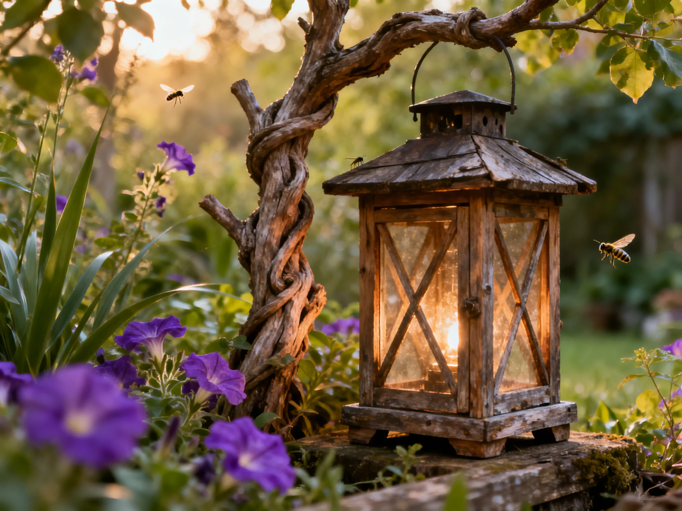 A weathered wooden lantern glows amid vibrant purple blooms and twisting vines