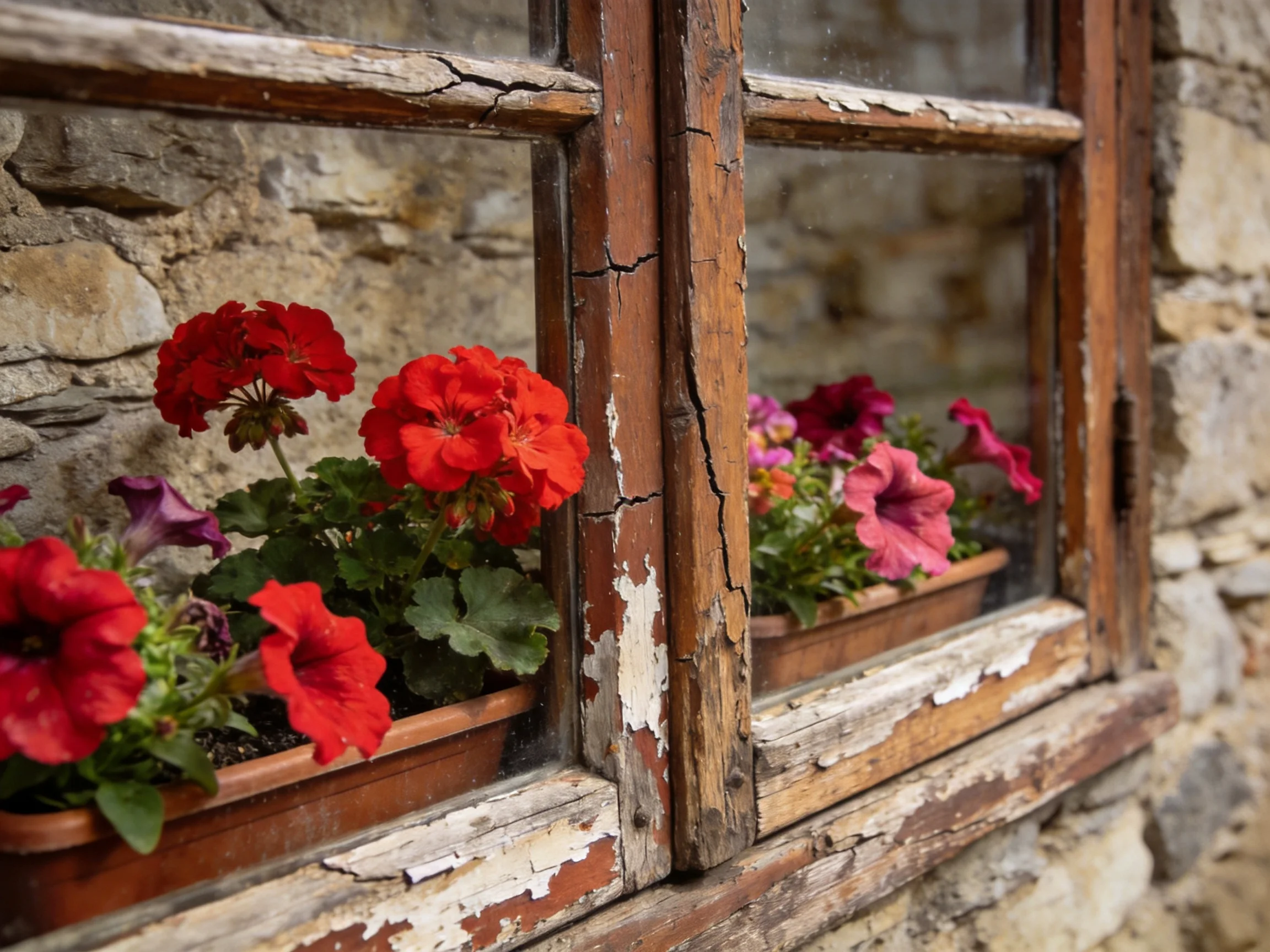 A weathered wooden window frame holds vibrant flower pots against a stone wall