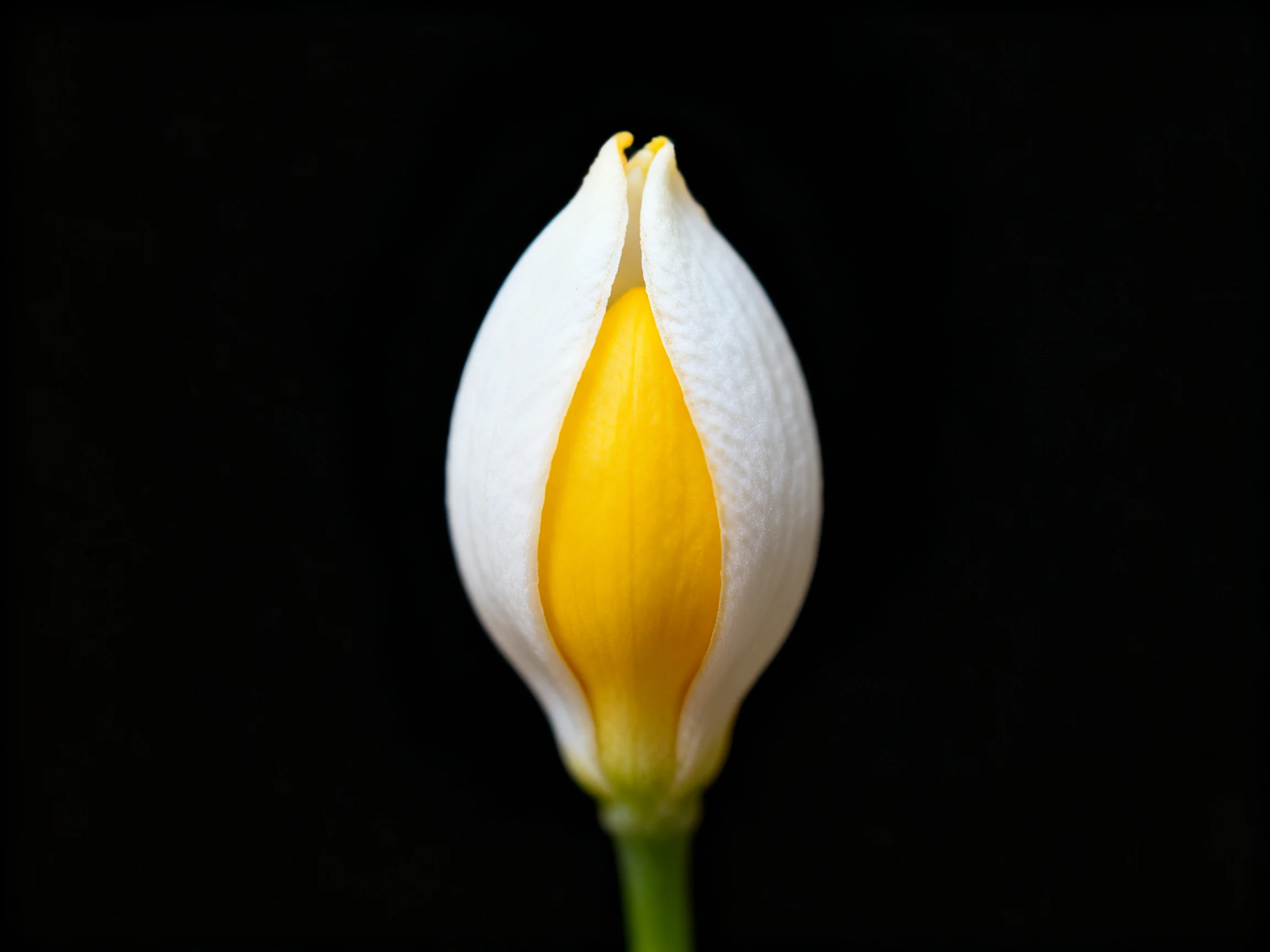 A white and yellow flower bud against a black background