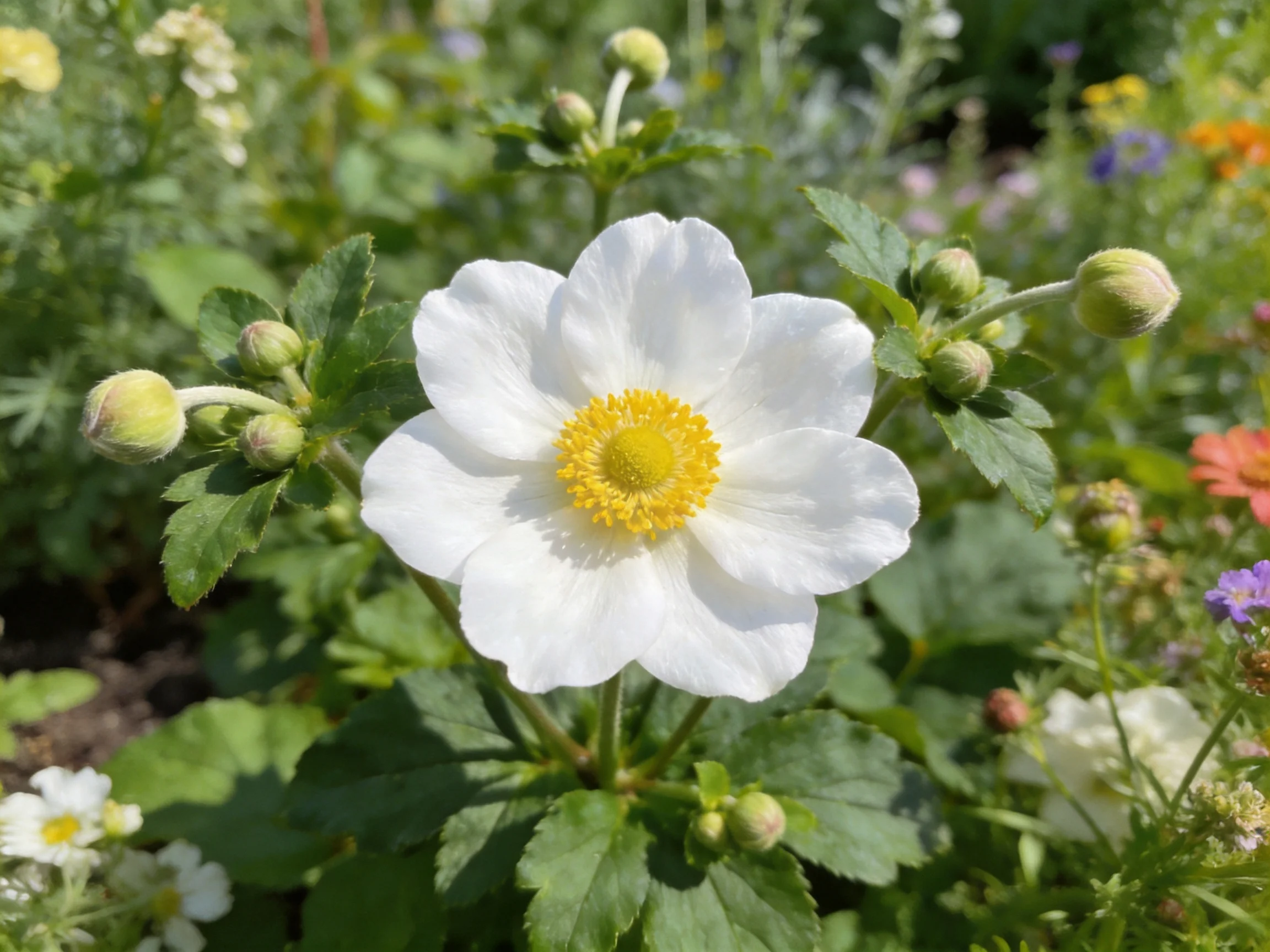 A white anemone with a yellow center is centered among greenery and colorful flowers.