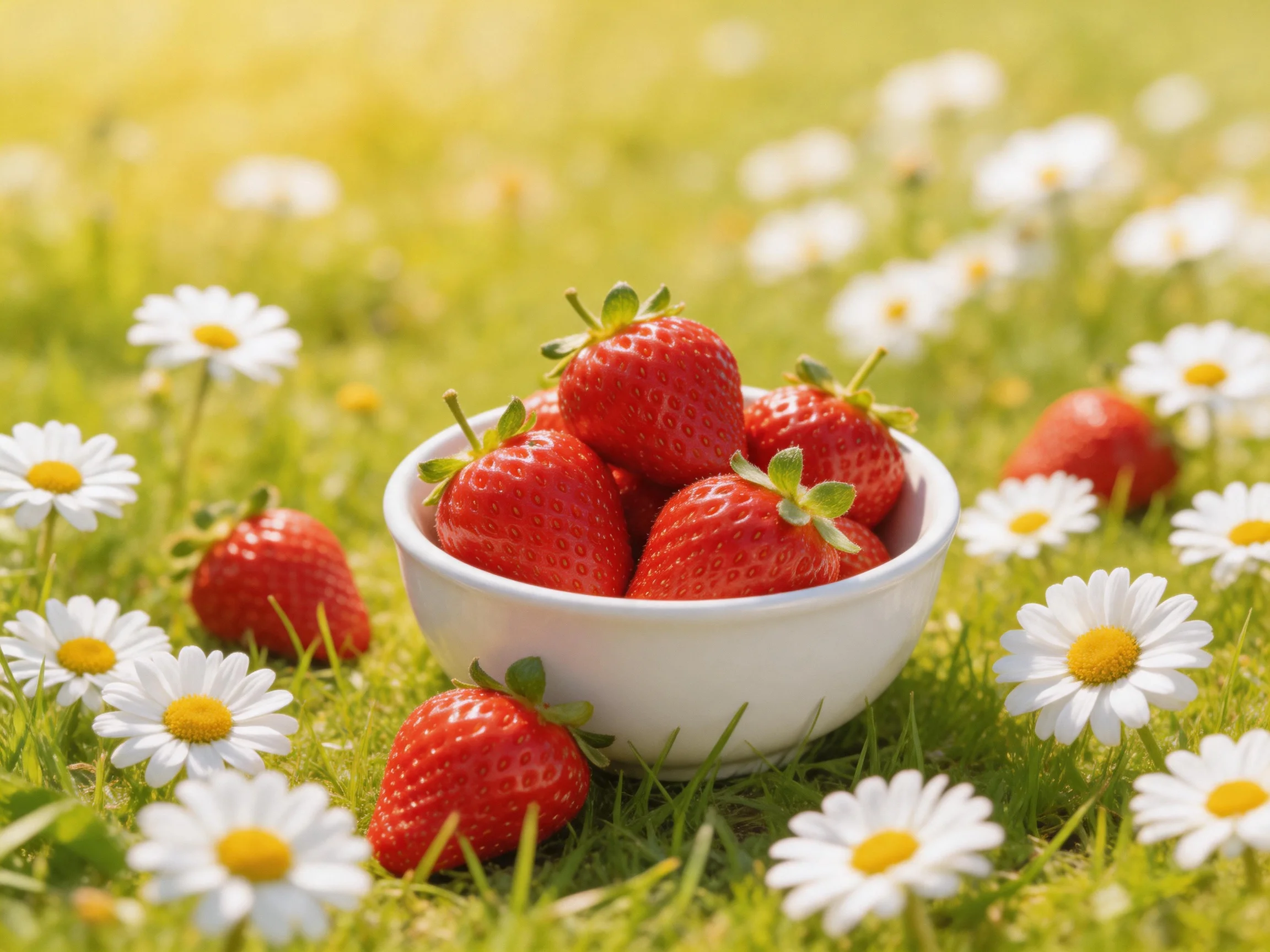 A white bowl holding ripe strawberries amid daisy flowers on green grass