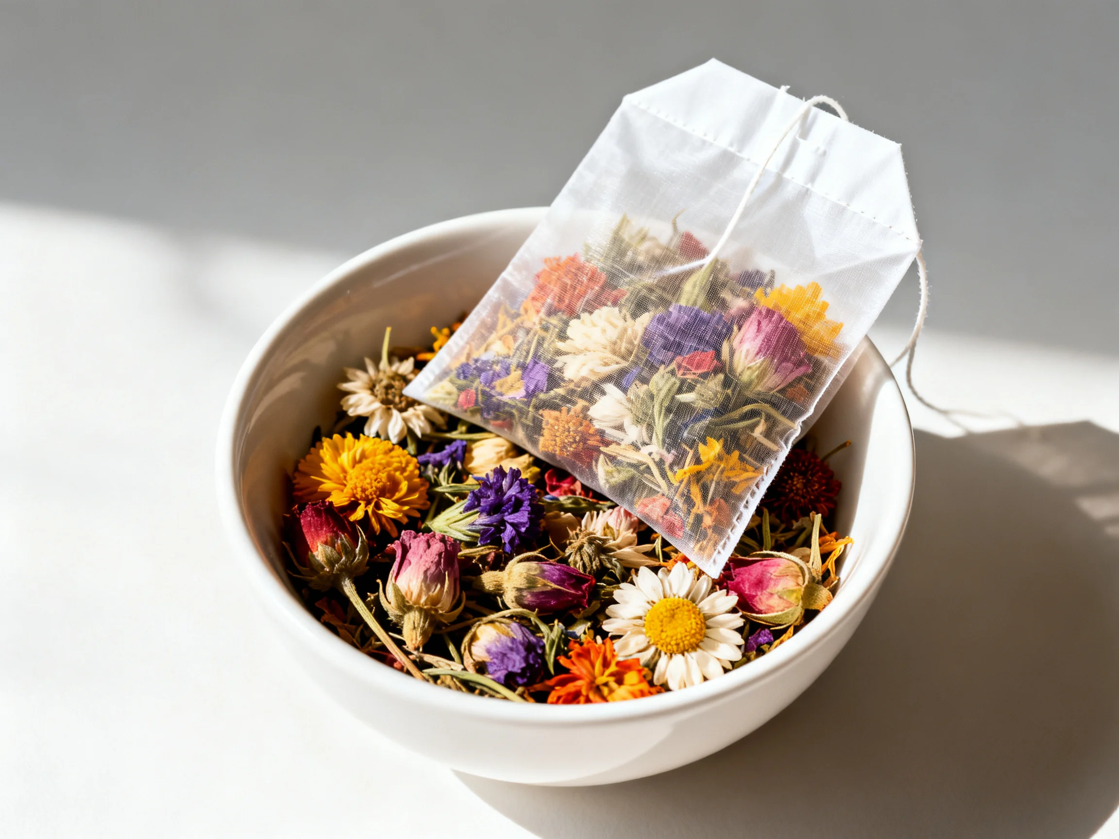 A white bowl holds colorful mixed dried flowers with a transparent tea bag