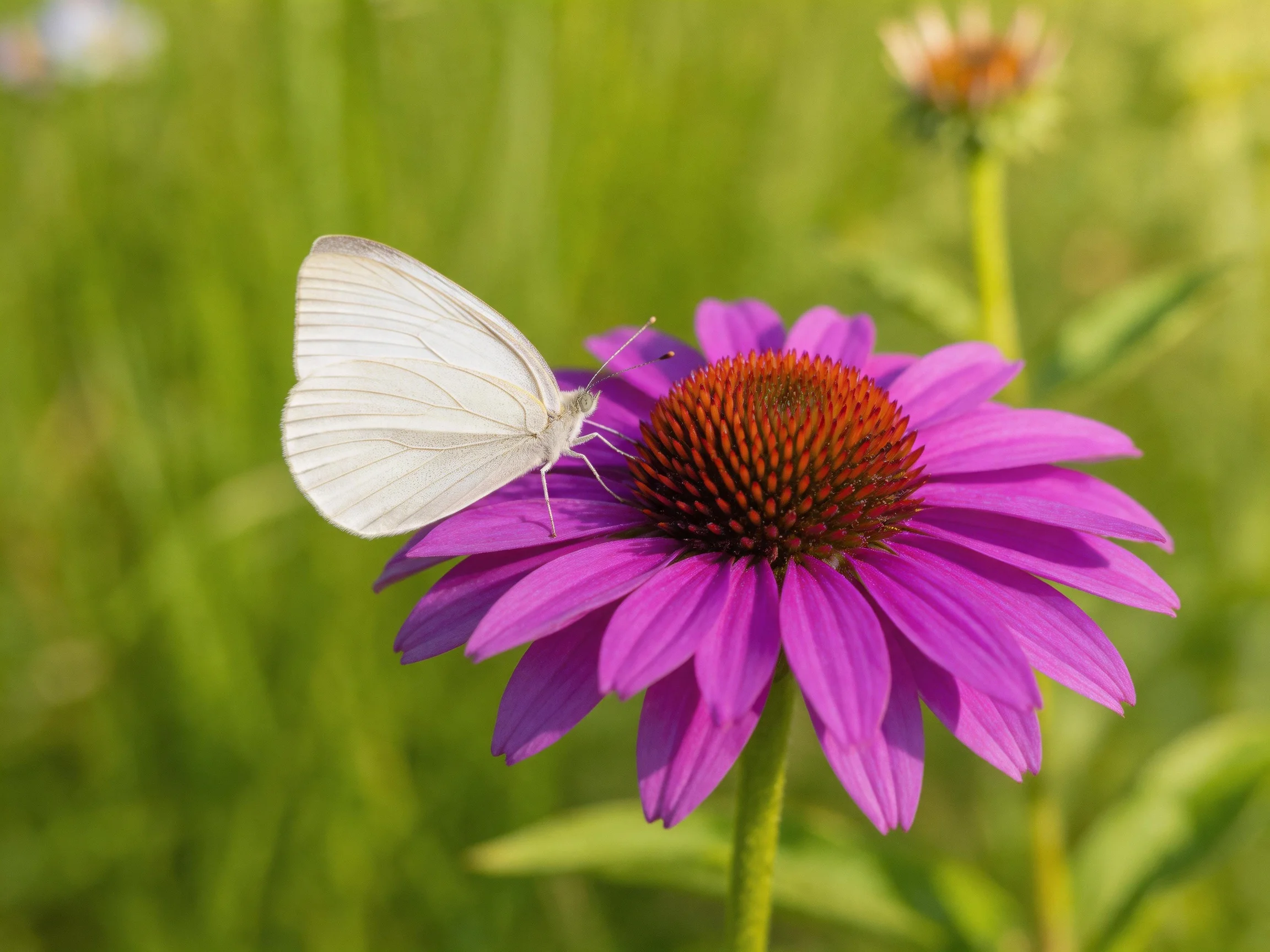 A white butterfly perches on a bright purple coneflower