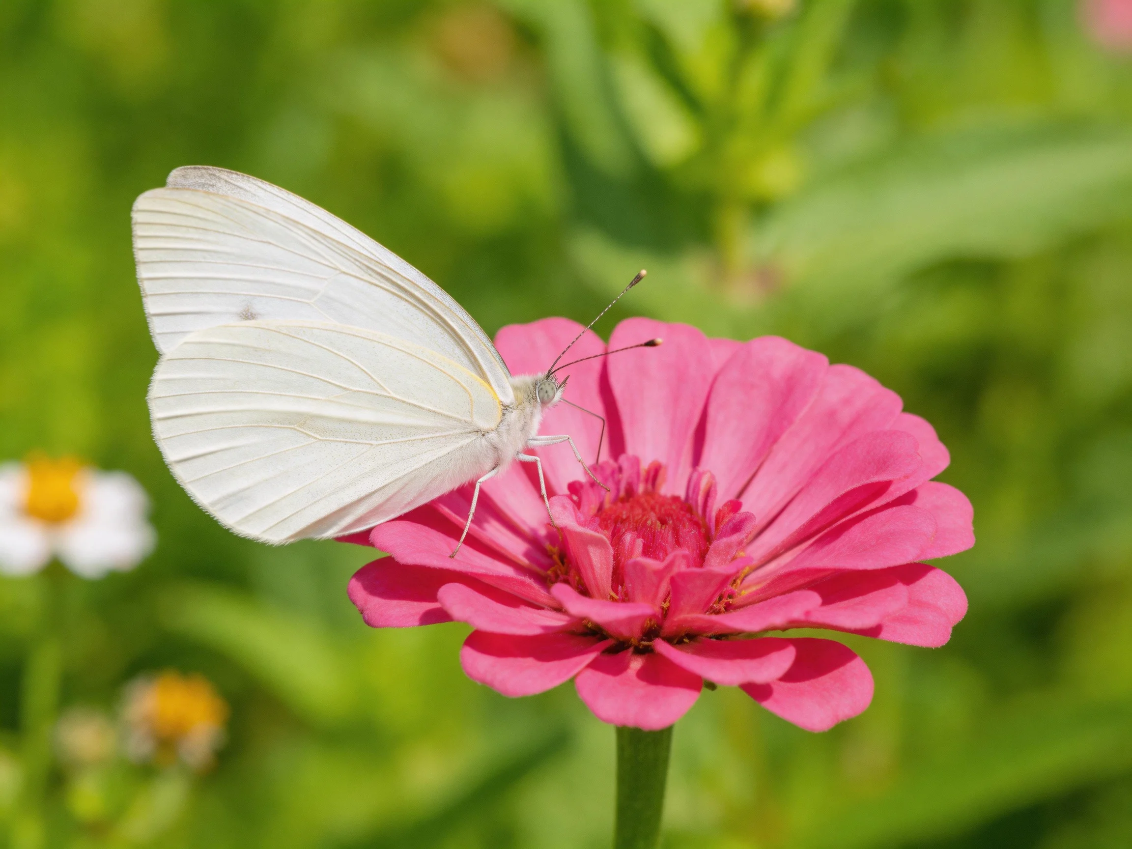 A white butterfly perches on a vibrant pink zinnia flower