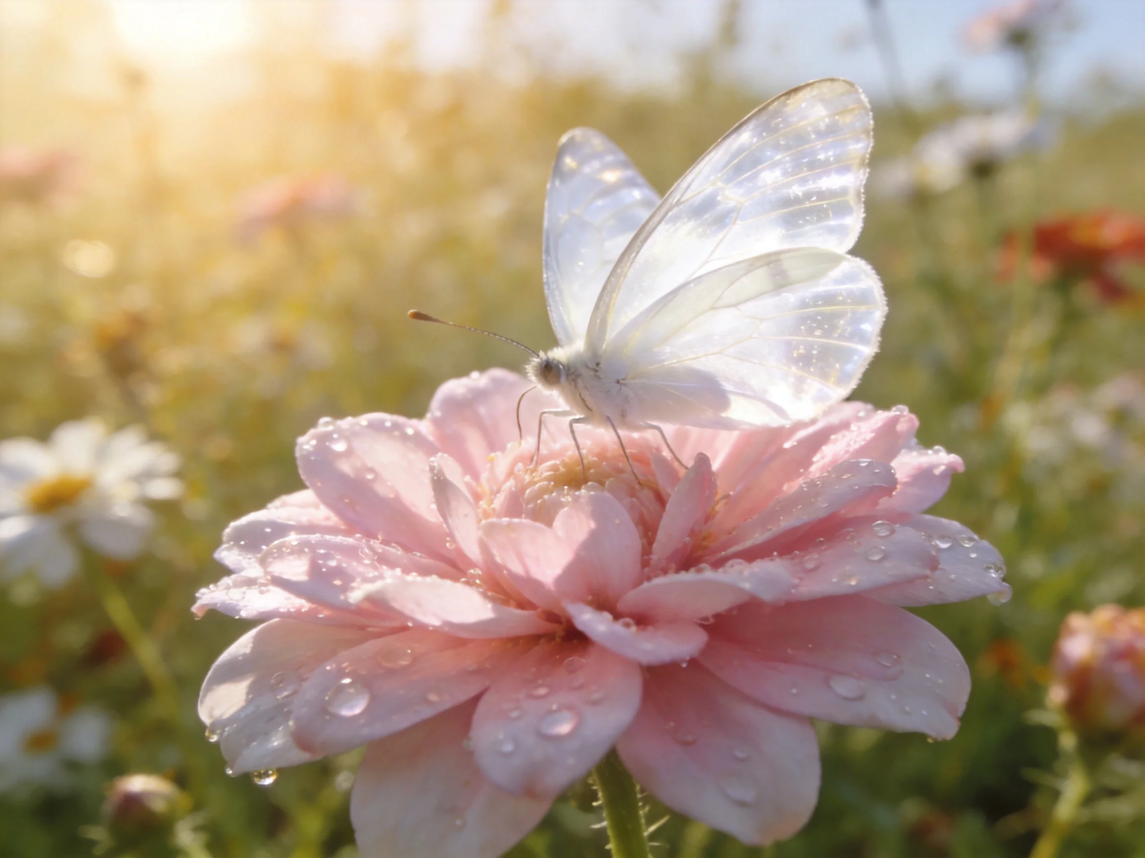 A white butterfly rests on a dewy pink flower amid a sunlit meadow