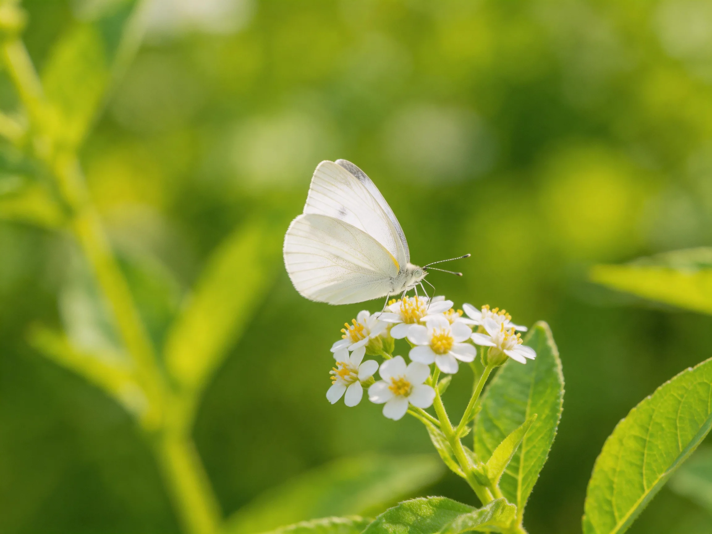 A white butterfly rests on small white flowers amidst green vegetation