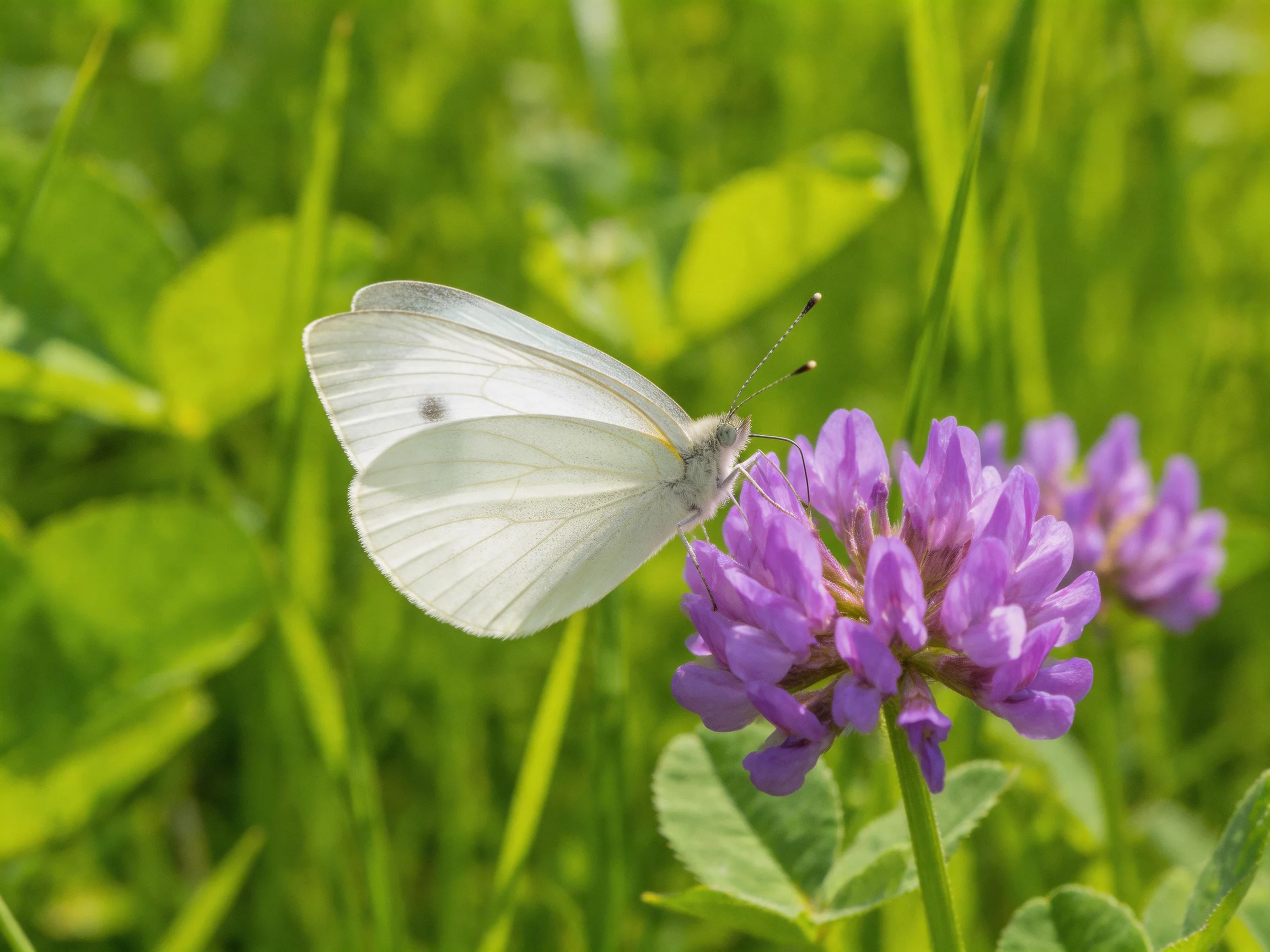 A white butterfly rests on vibrant purple clover among greenery