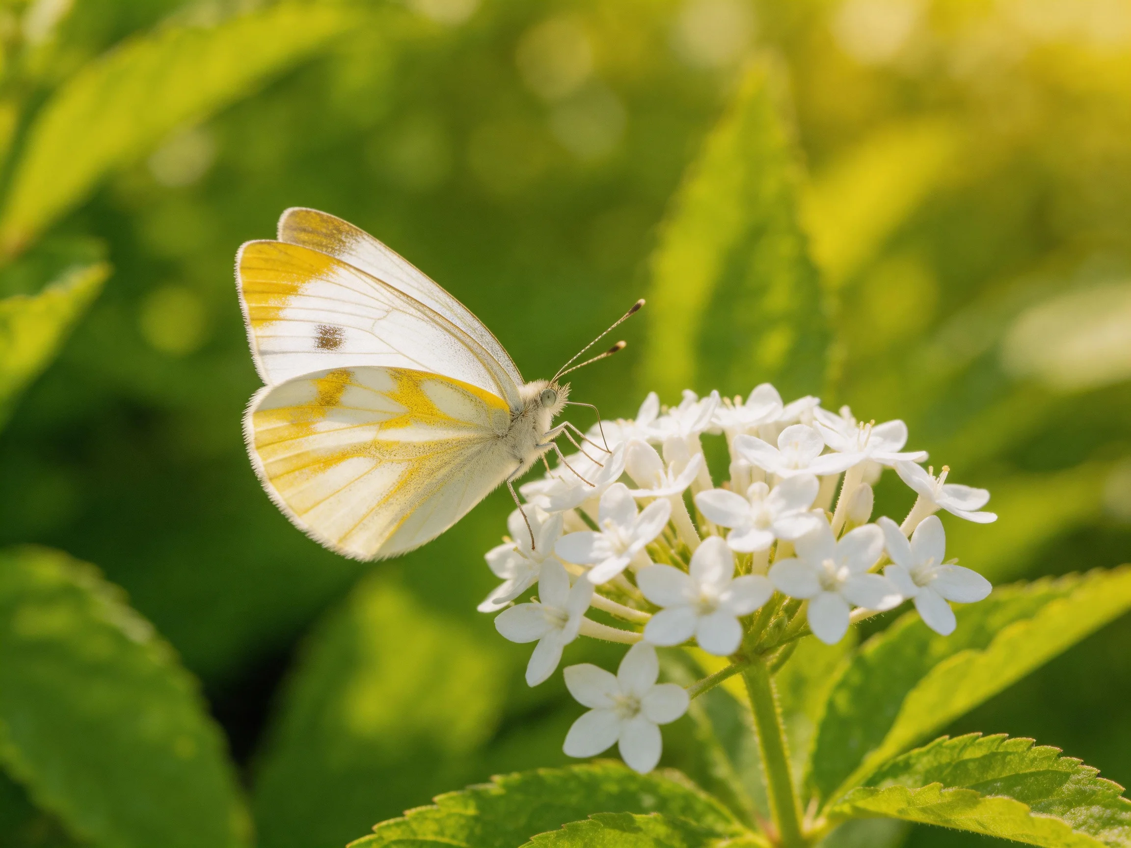 A white butterfly with yellow wing patches rests on small white clustered flowers amid greenery