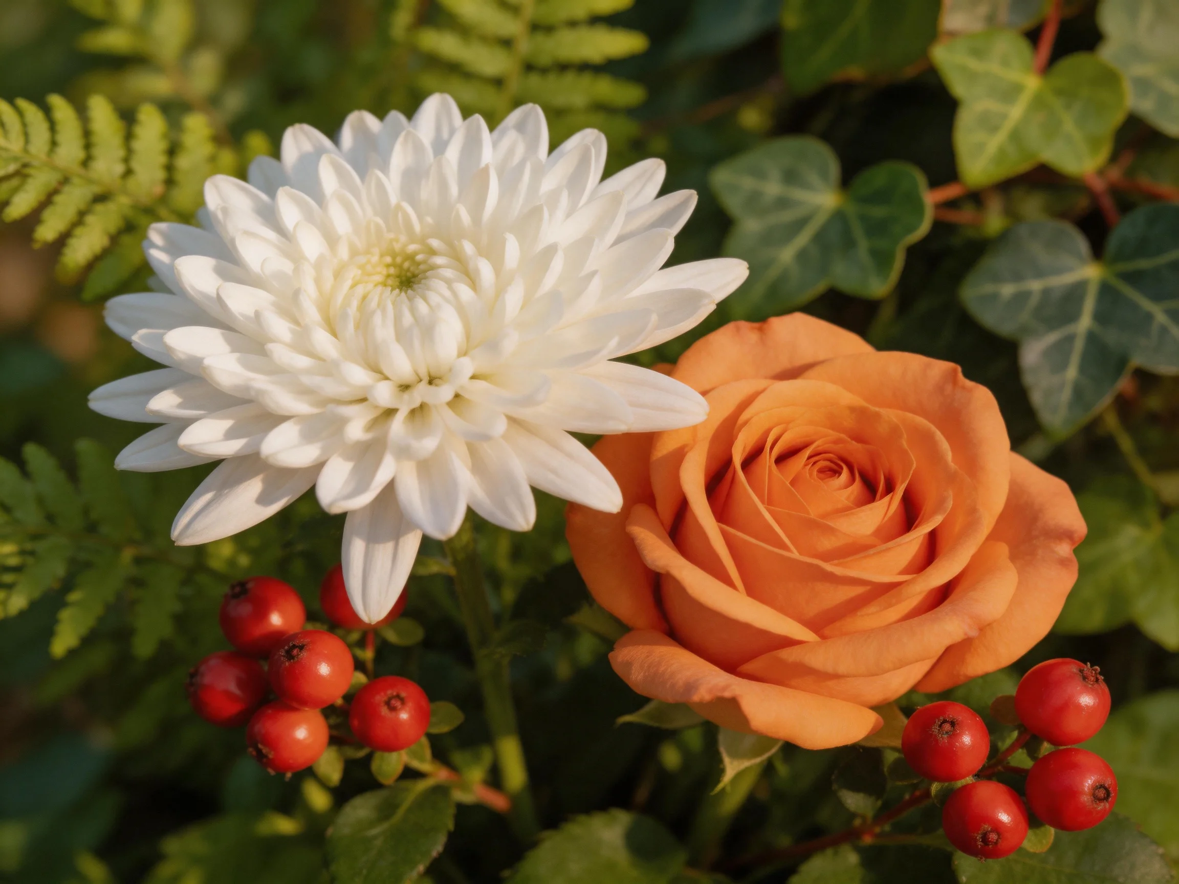 A white chrysanthemum, orange rose, and red berries among green foliage