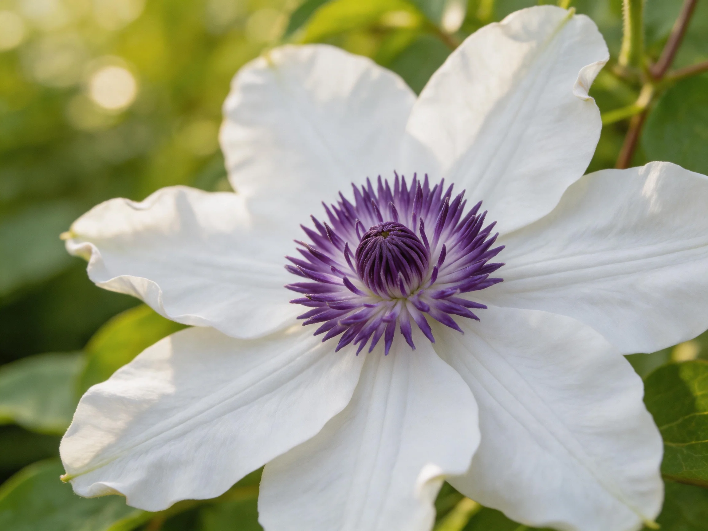 A white clematis flower with vibrant purple central bloom