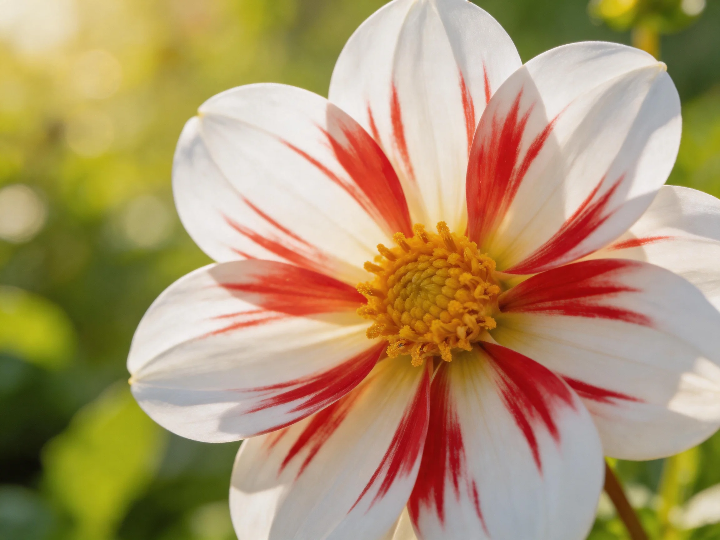 A white dahlia with bold red streaks and golden center