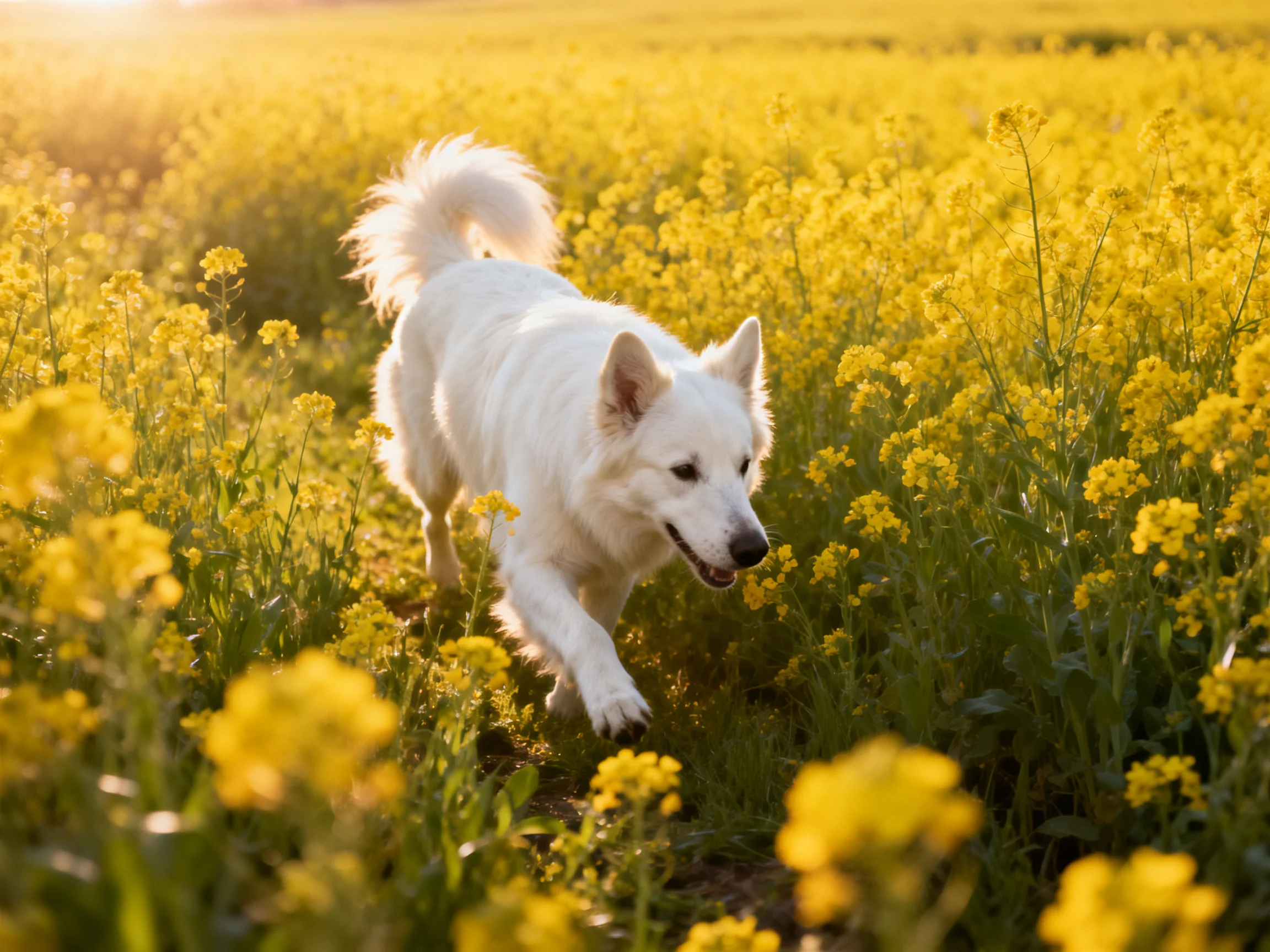 A white dog runs through a sprawling yellow flower meadow