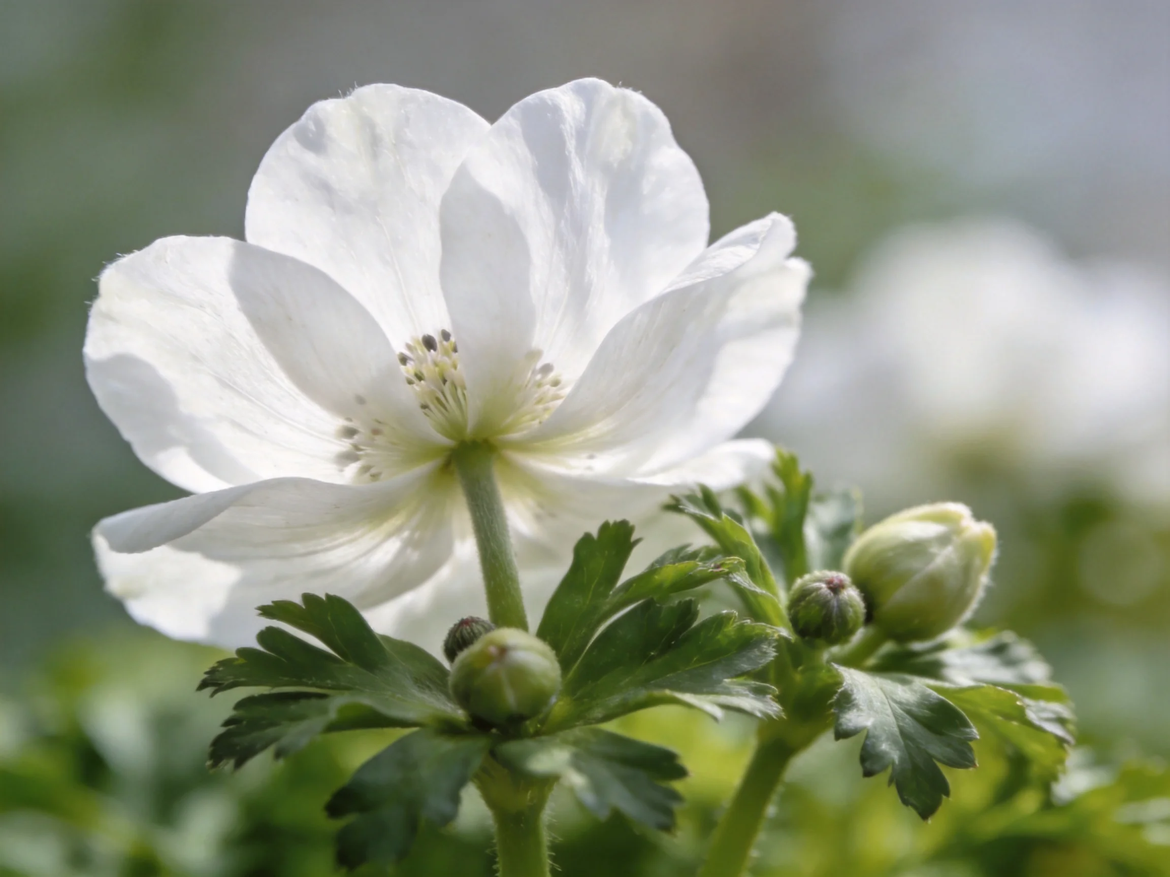A white flower with green buds and leafy foliage