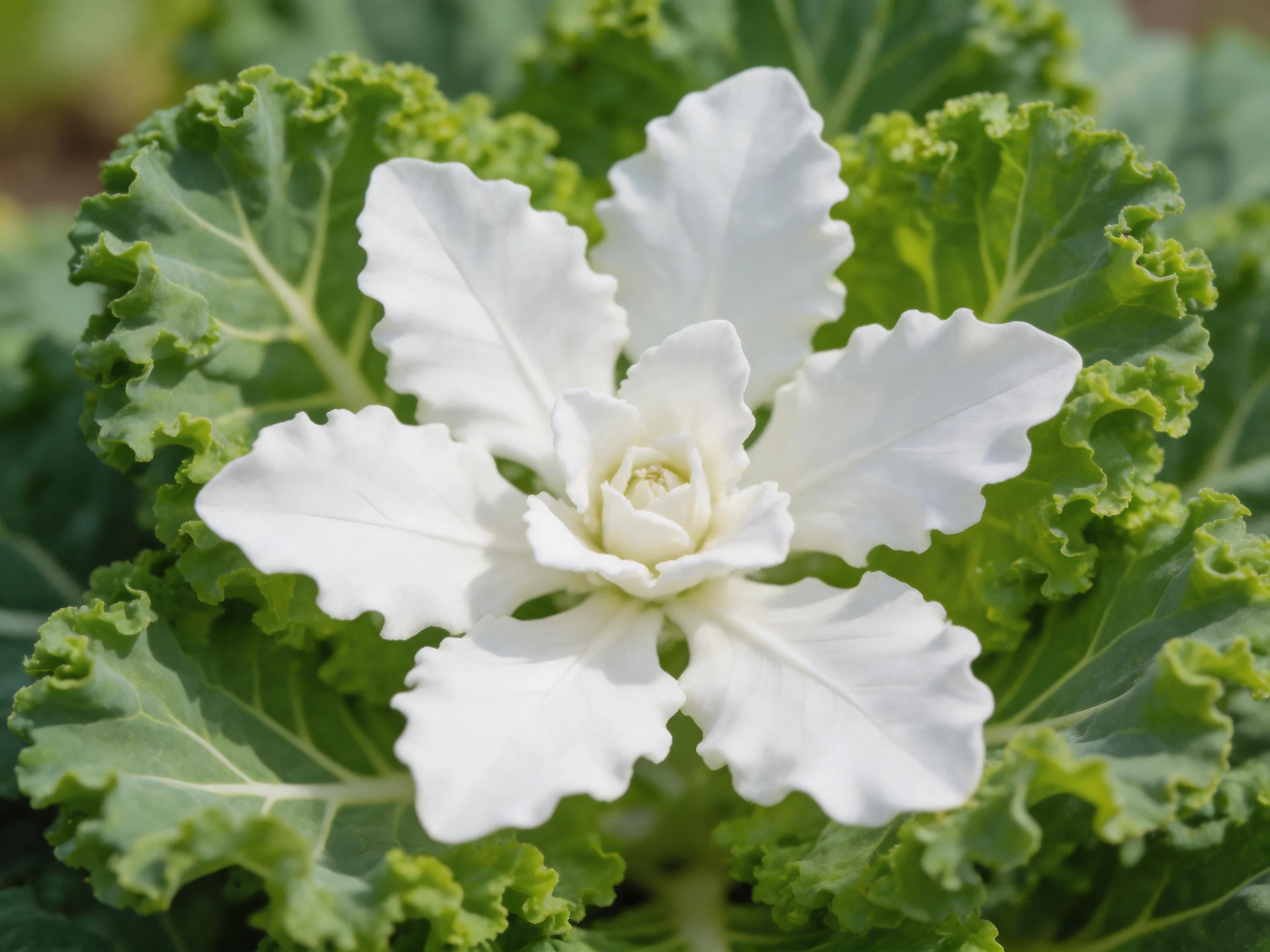 A white flowering kale with textured green leaves